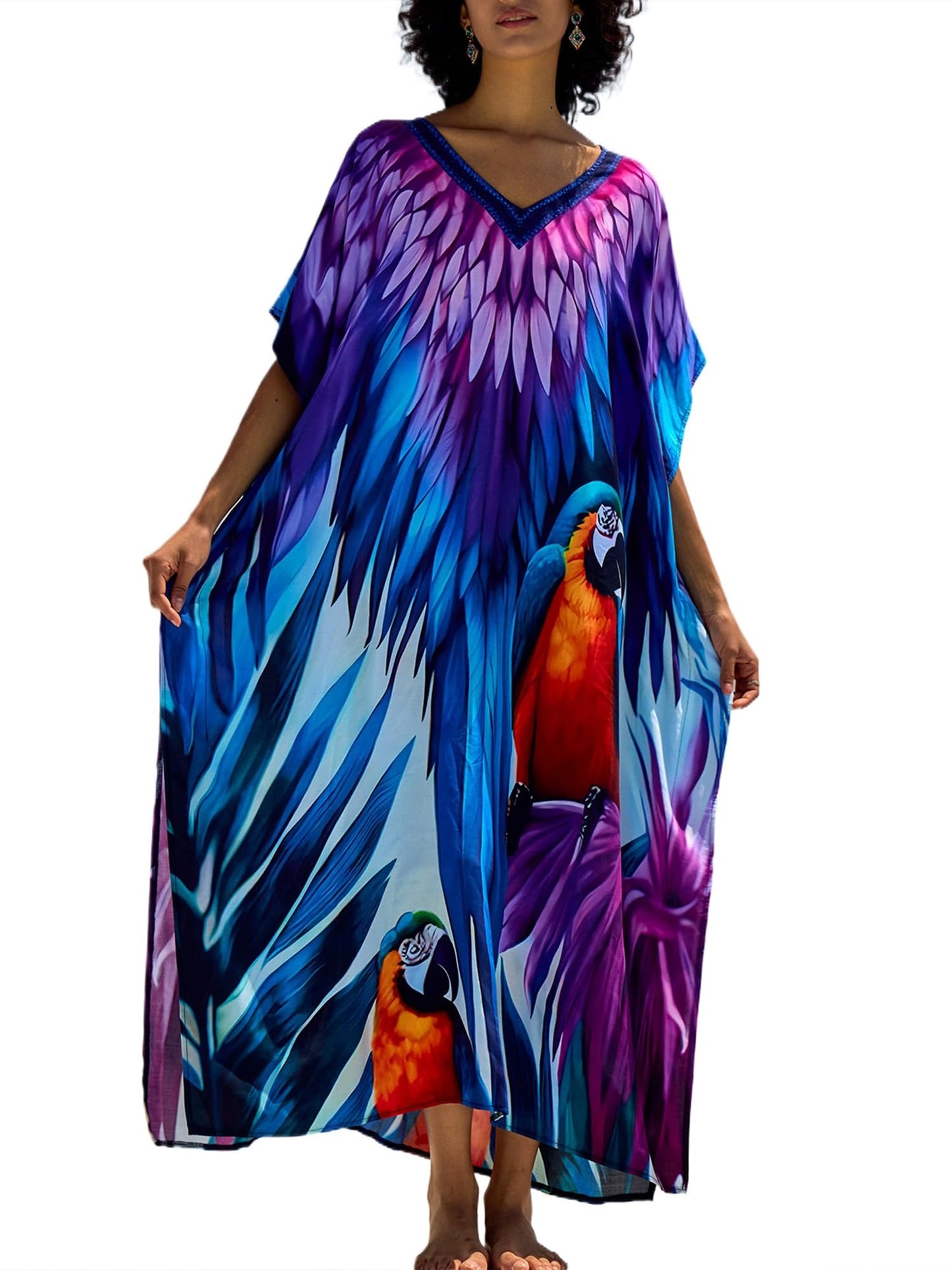 Chunoy Women V Neck Kaftan Casual Bathing Suit Kimono Sleeve Side Split Beach Cover Up Caftan Dress