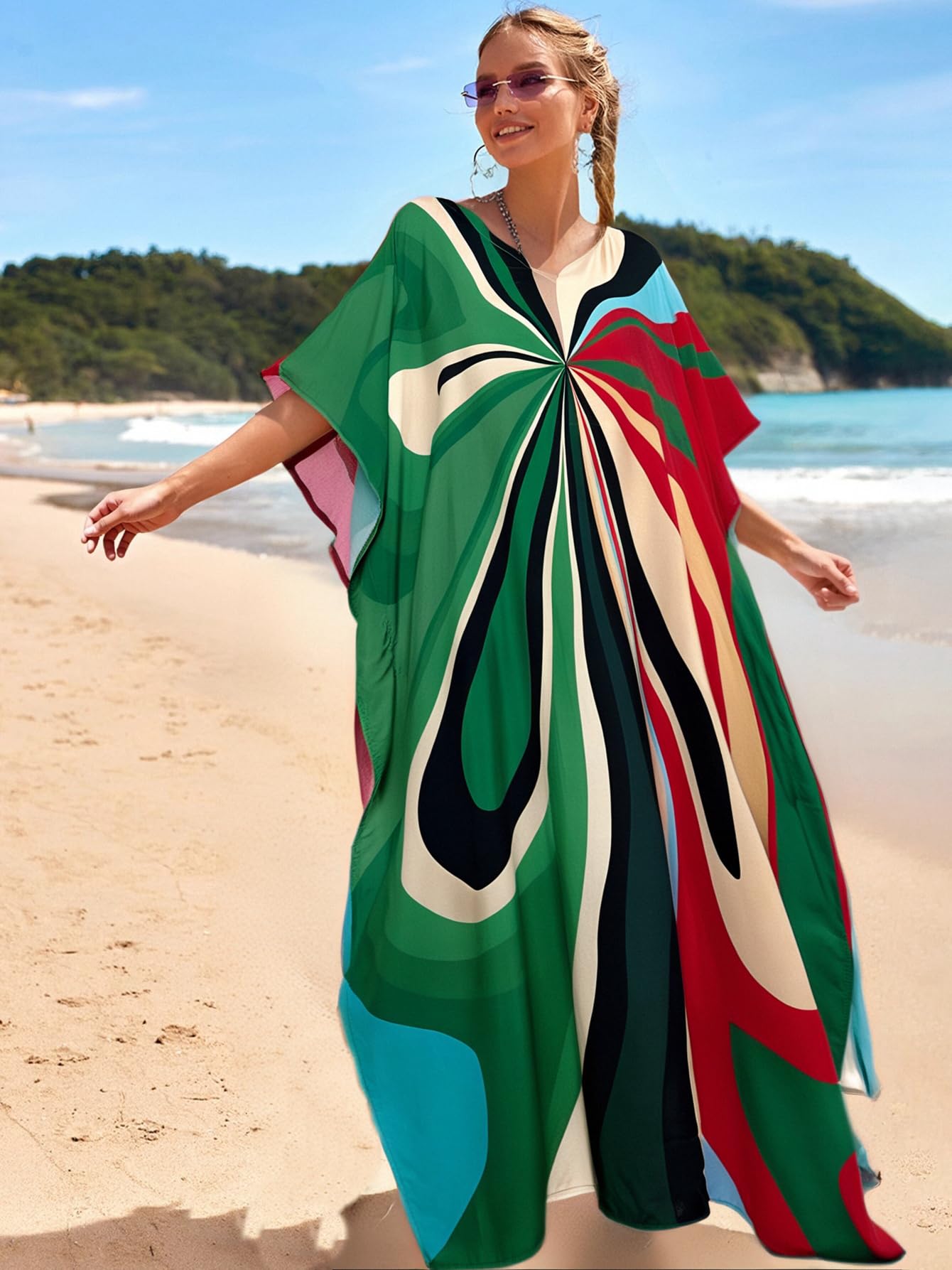 RanRui Floral Print Kaftan Dresses for Women Ethnic Boho Print Swim Cover up Batwing Sleeve Vneck Caftans