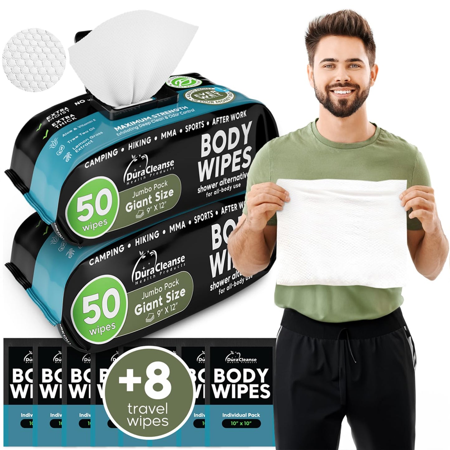Body Wipes for Adults Bathing No Rinse - 20 Count Travel Shower Wipes - 9" x 12" Individually Wrapped Thick Cleansing Waterless Wash Scrubs - Disposable Washcloths for Camping & Elderly Incontinence