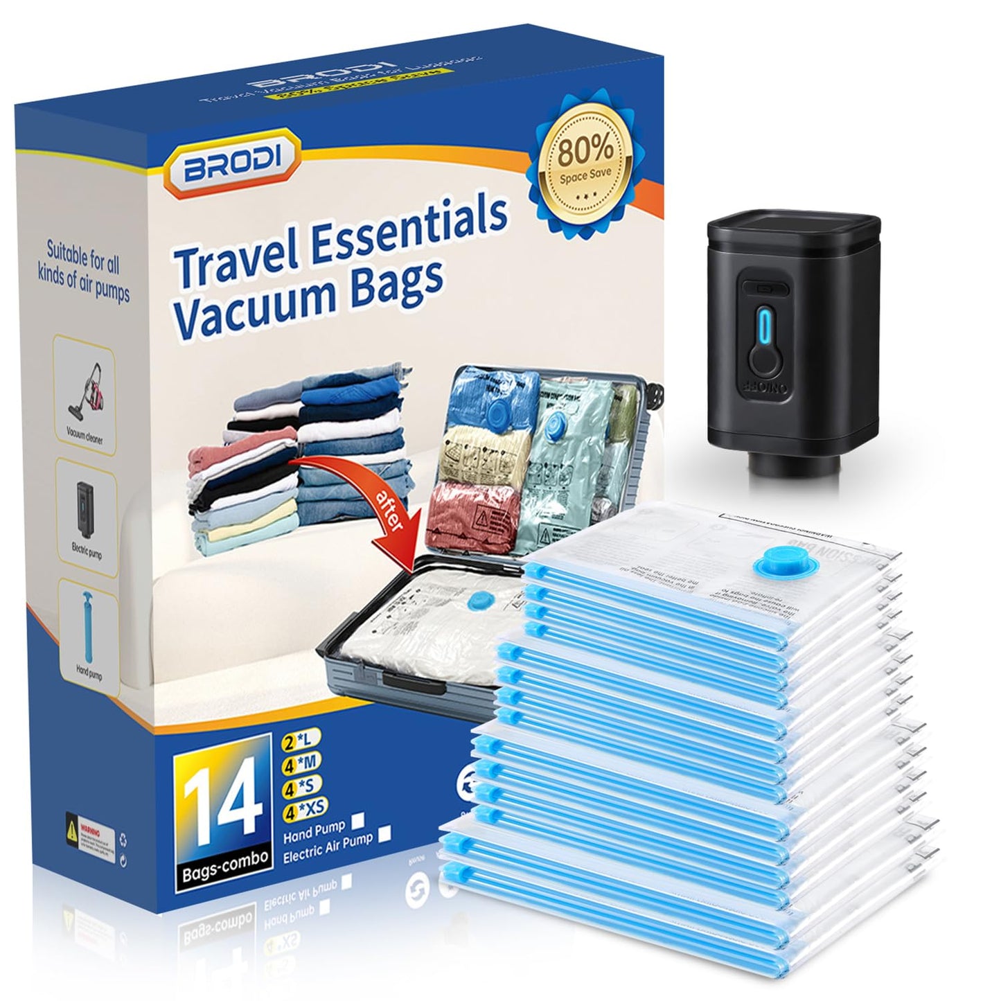 BRODI 10 Combo Pack Travel Vacuum Bags with Pump - Space Saver & Travel Essentials, Clothing & Luggage Vacuum Seal Bags