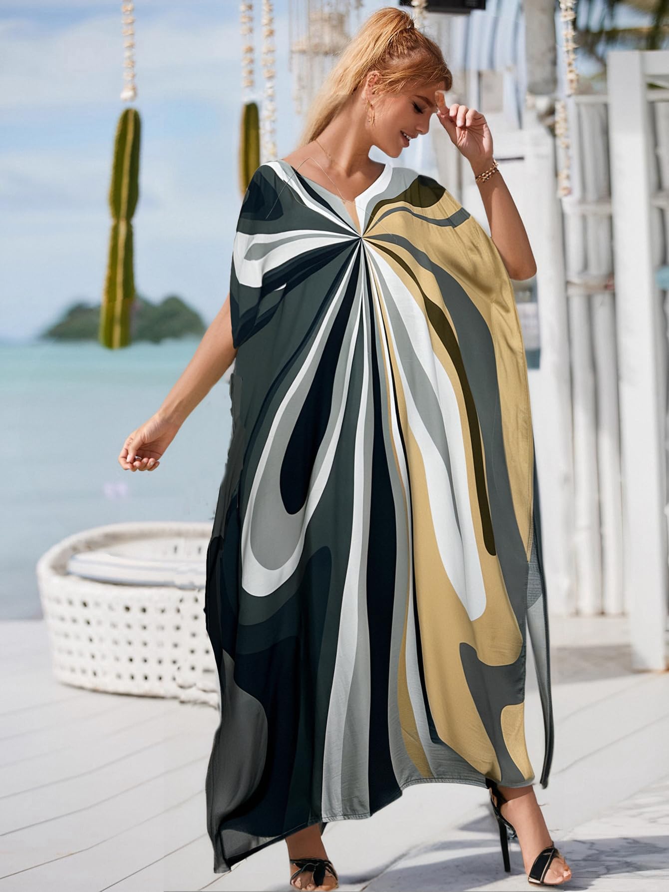 RanRui Floral Print Kaftan Dresses for Women Ethnic Boho Print Swim Cover up Batwing Sleeve Vneck Caftans