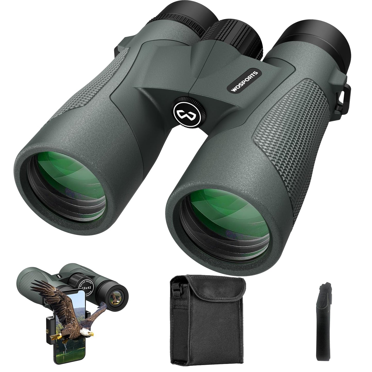 WOSPORTS 10x42 Binoculars for Adults, IPX7 Waterproof Binoculars with Clear Low Light Vision, Compact Binoculars for Bird Watching Hunting Cruise Travel, Green, BC01-GRE