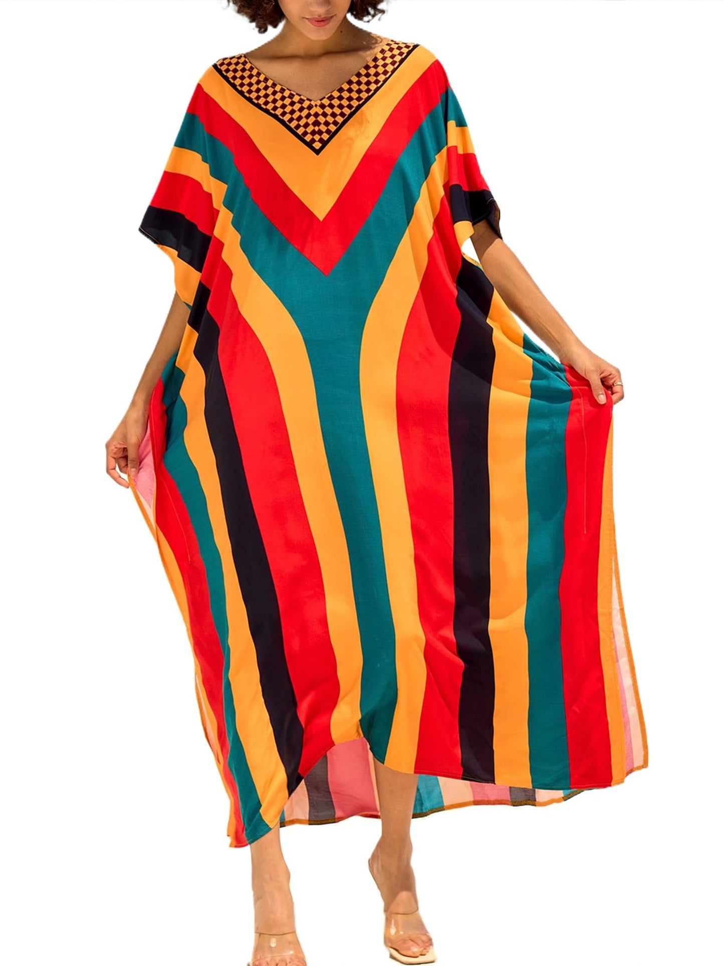 Chunoy Women V Neck Kaftan Casual Bathing Suit Kimono Sleeve Side Split Beach Cover Up Caftan Dress