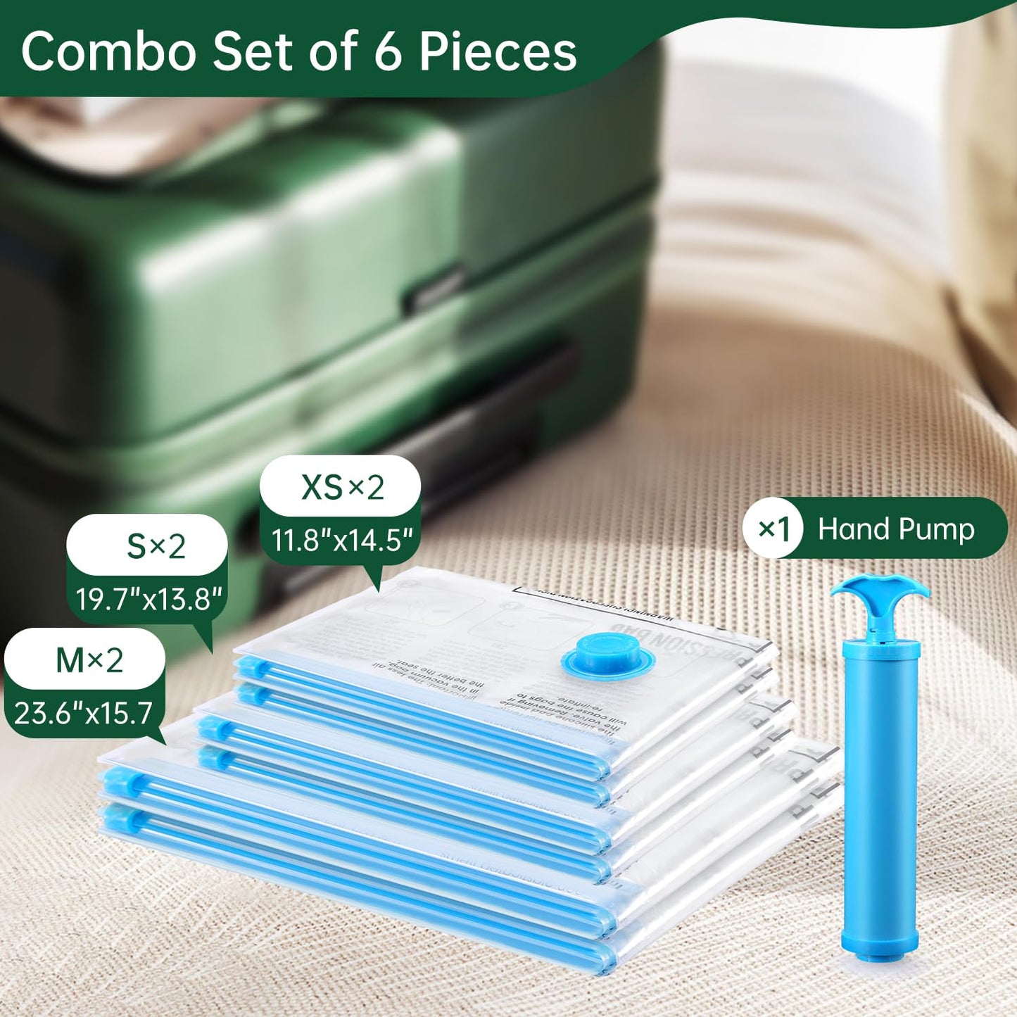 BRODI 10 Combo Pack Travel Vacuum Bags with Pump - Space Saver & Travel Essentials, Clothing & Luggage Vacuum Seal Bags