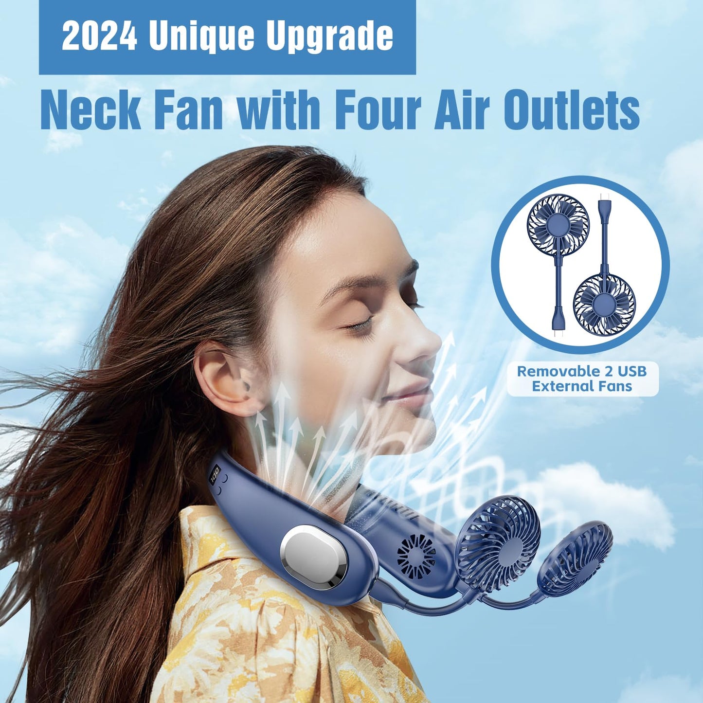 Portable Neck Fan, 9000mAh Hand Free Neck Fan, Neck Fan Air Conditioner, Bladeless Cooling Personal Neck Fan with 4 Air Outlet 3 speed for Travel, Camping, Yard Work, White