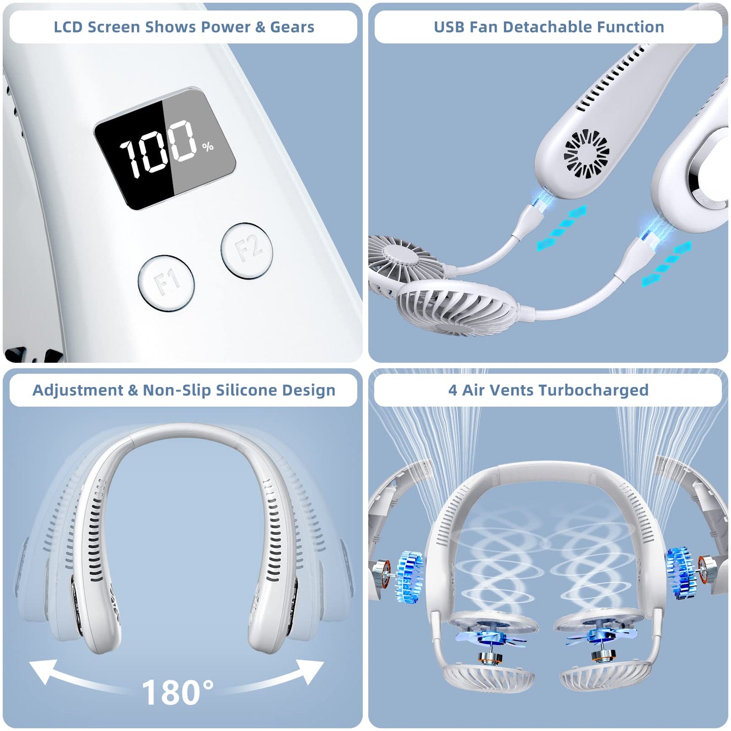 Portable Neck Fan, 9000mAh Hand Free Neck Fan, Neck Fan Air Conditioner, Bladeless Cooling Personal Neck Fan with 4 Air Outlet 3 speed for Travel, Camping, Yard Work, White