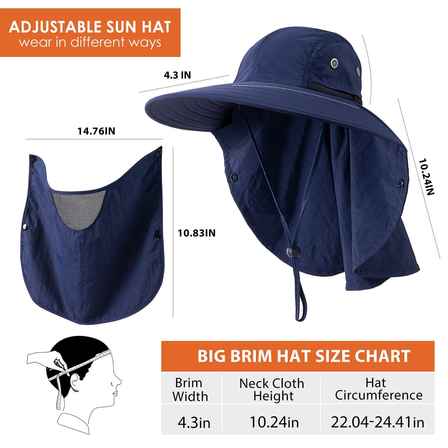 Mens Women Fishing Hat UPF 50+ Wide Brim Sun Hat with Face Cover & Neck Flap