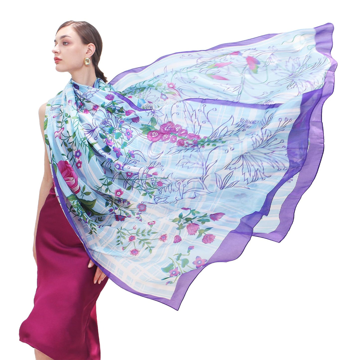 DANA XU 100% Mulberry Satin Silk Summer Travel Scarf Extra Large Women Floral Shawl Oversize Soft Wraps For Evening Dresses