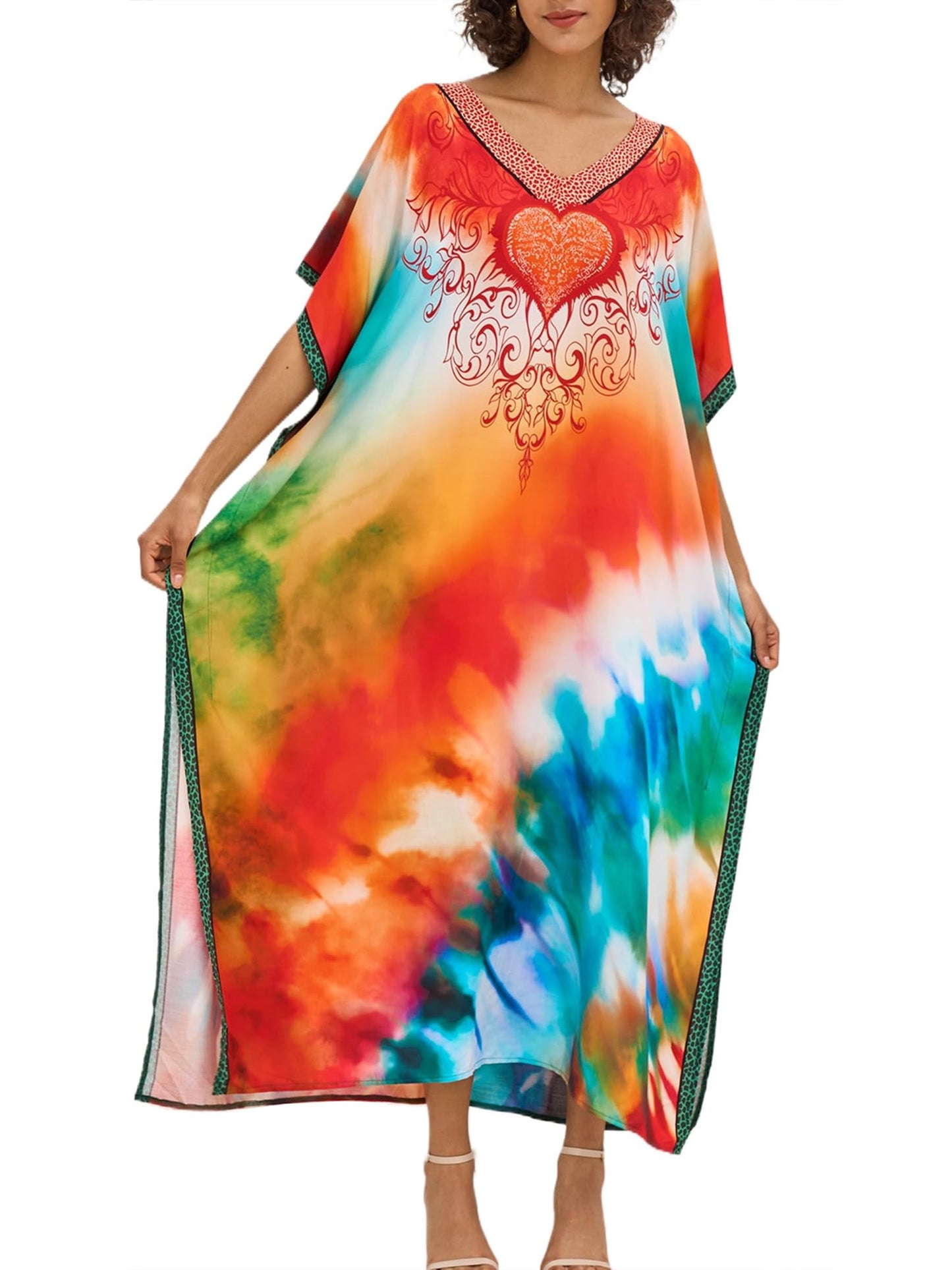 Chunoy Women V Neck Kaftan Casual Bathing Suit Kimono Sleeve Side Split Beach Cover Up Caftan Dress