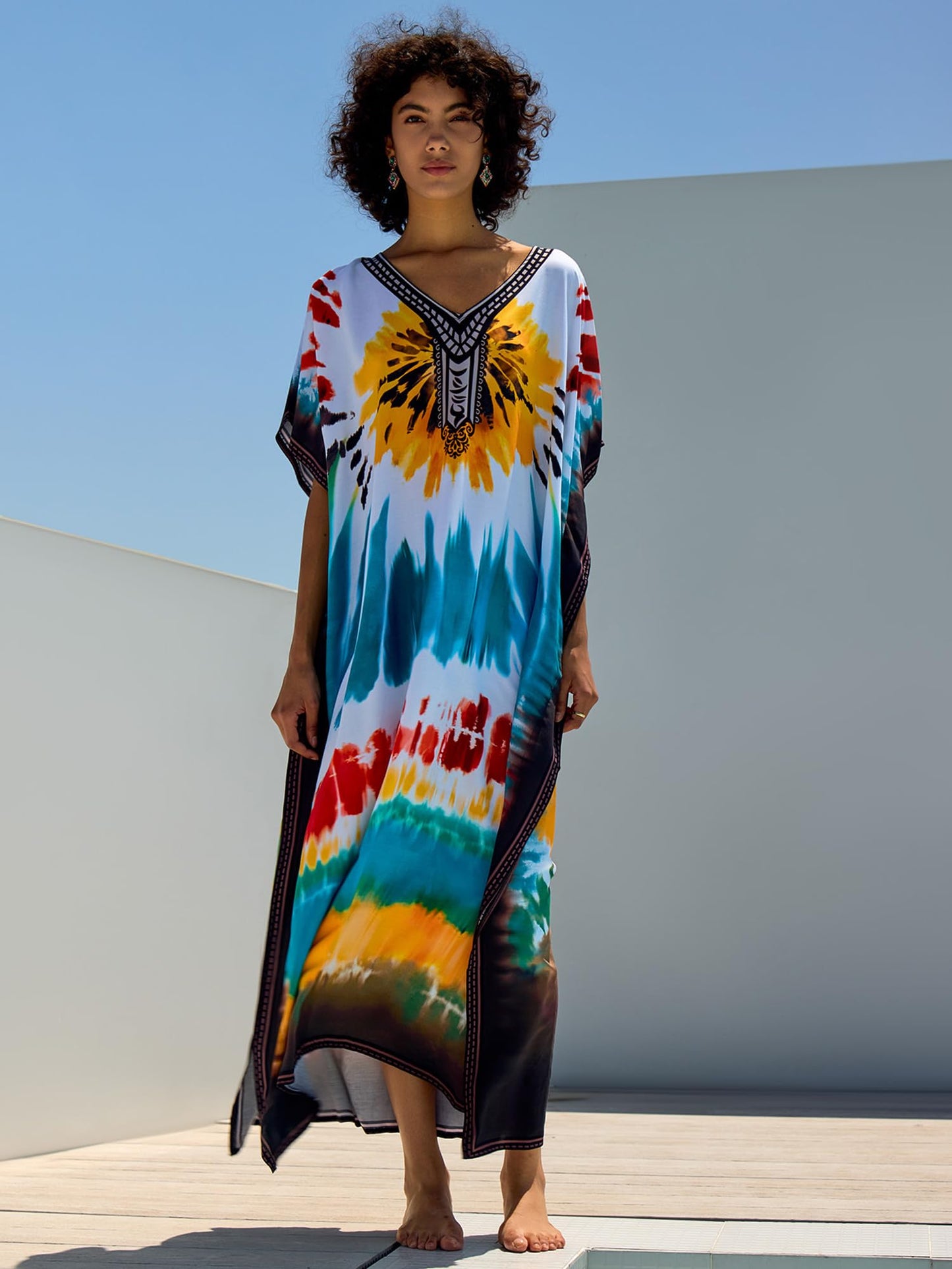 Chunoy Women V Neck Kaftan Casual Bathing Suit Kimono Sleeve Side Split Beach Cover Up Caftan Dress