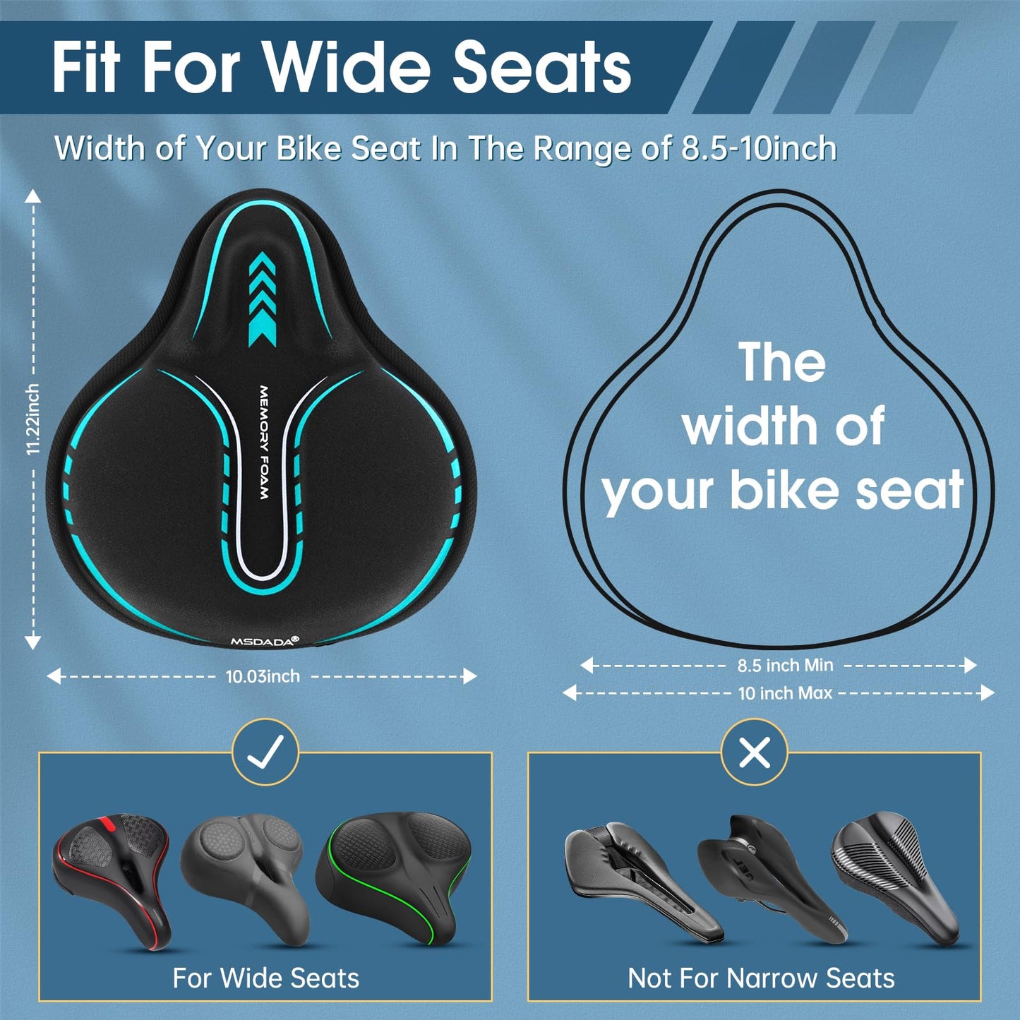 MSDADA New Large Gel Bike Seat Cover, Extra Soft Bike Seat Cushion for Men Women Comfort Wide, Fits Indoor/Outdoor/Exercise Bikes (11.22 inch x 10.03 inch)