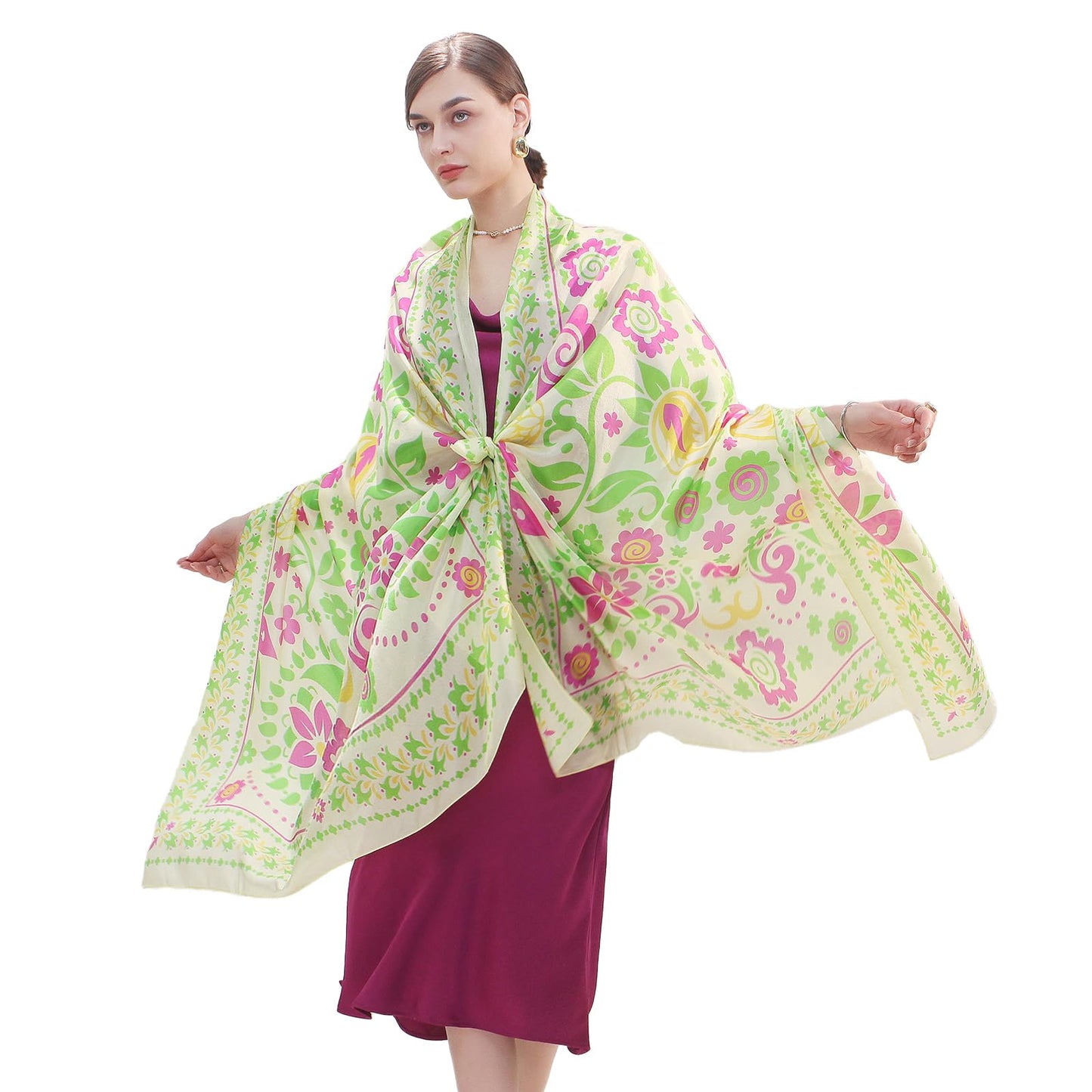 DANA XU 100% Mulberry Satin Silk Summer Travel Scarf Extra Large Women Floral Shawl Oversize Soft Wraps For Evening Dresses