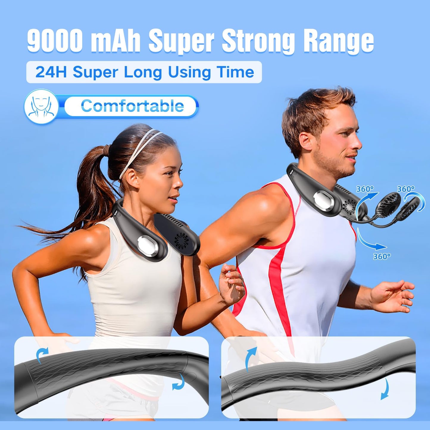Portable Neck Fan, 9000mAh Hand Free Neck Fan, Neck Fan Air Conditioner, Bladeless Cooling Personal Neck Fan with 4 Air Outlet 3 speed for Travel, Camping, Yard Work, White