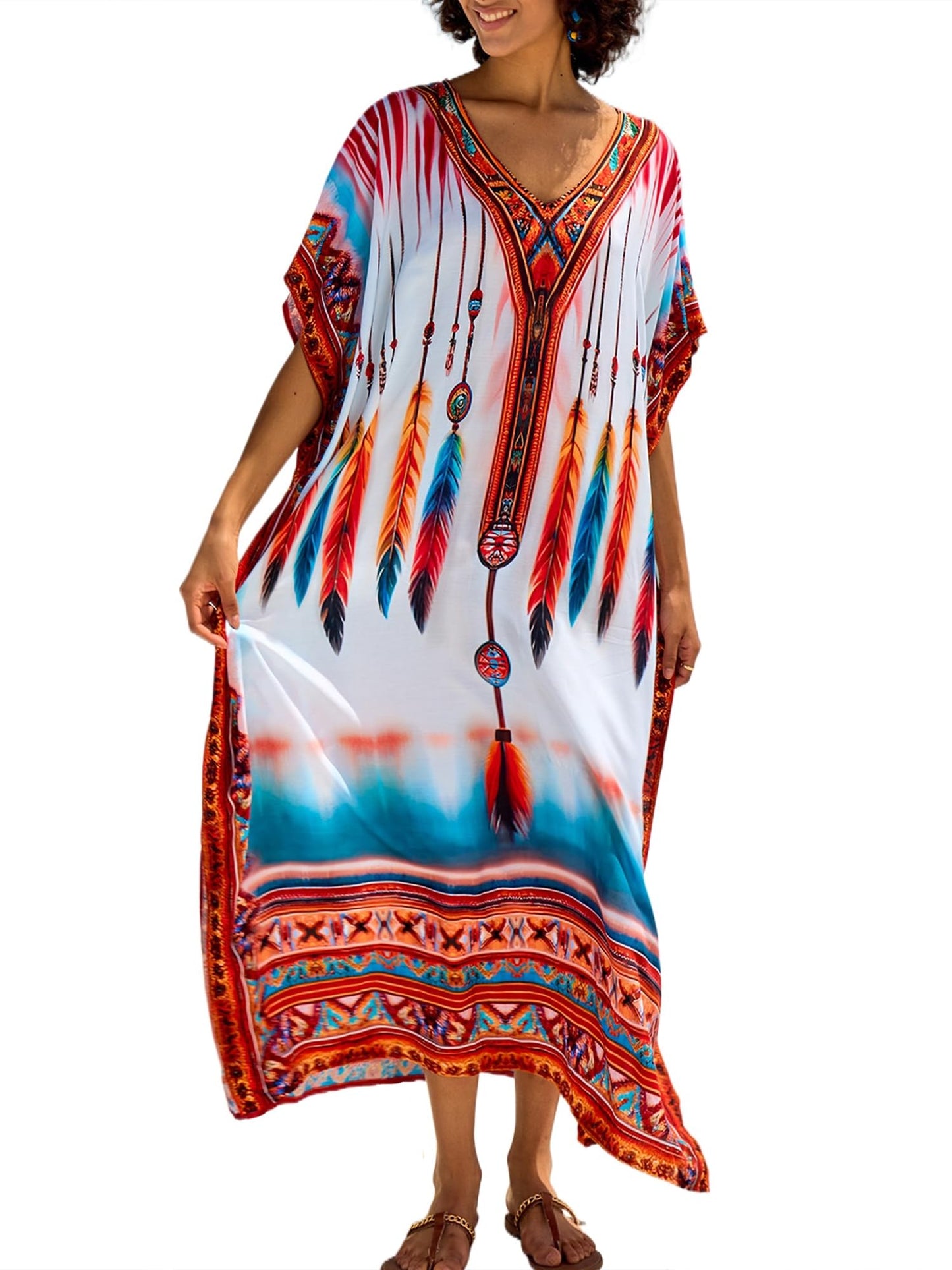 Chunoy Women V Neck Kaftan Casual Bathing Suit Kimono Sleeve Side Split Beach Cover Up Caftan Dress