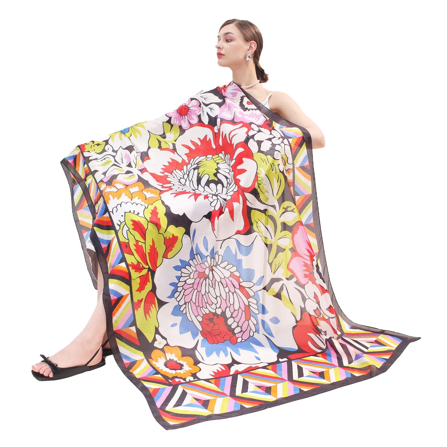 DANA XU 100% Mulberry Satin Silk Summer Travel Scarf Extra Large Women Floral Shawl Oversize Soft Wraps For Evening Dresses