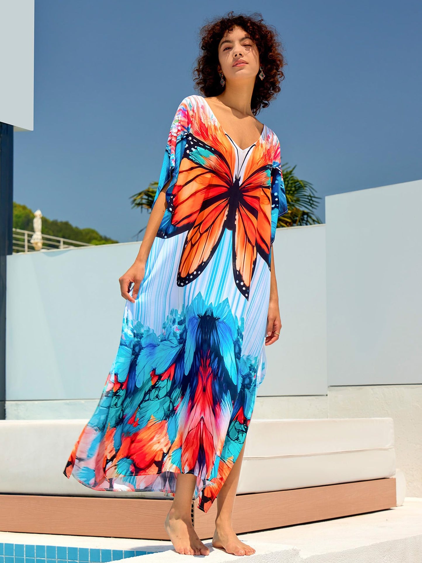 Chunoy Women V Neck Kaftan Casual Bathing Suit Kimono Sleeve Side Split Beach Cover Up Caftan Dress