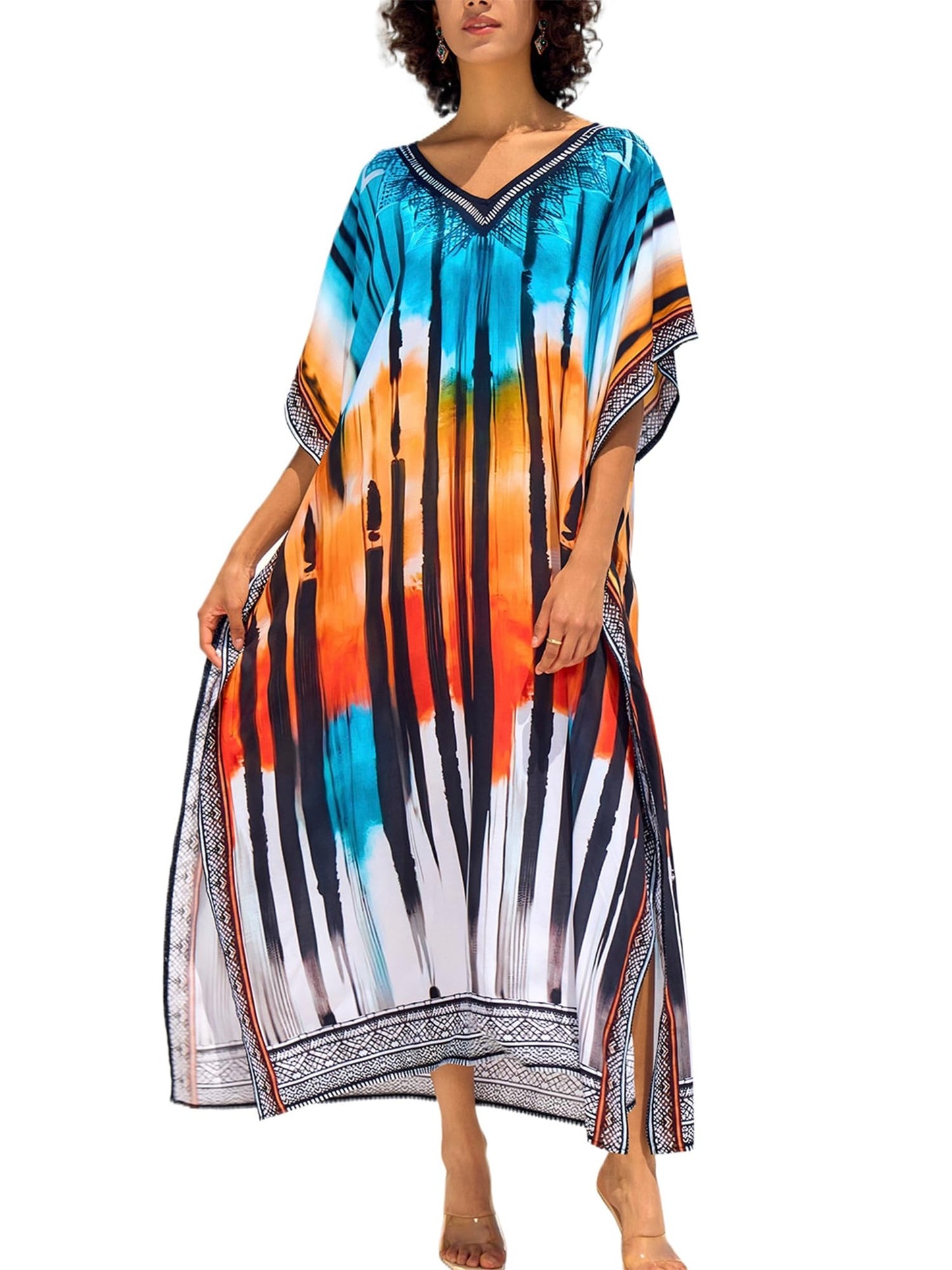 Chunoy Women V Neck Kaftan Casual Bathing Suit Kimono Sleeve Side Split Beach Cover Up Caftan Dress