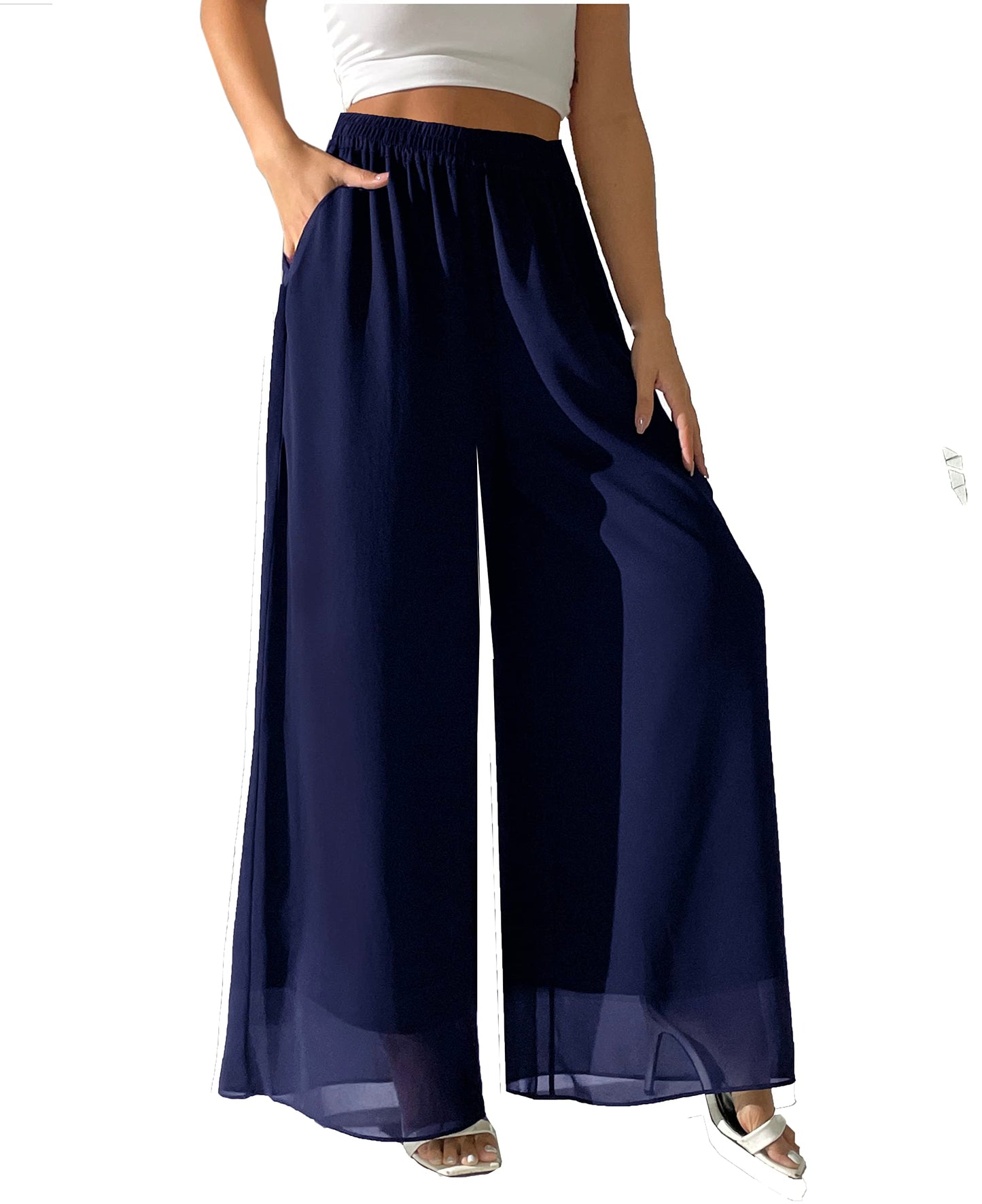 heipeiwa Women's Chiffon Dress Beach Wide Leg Palazzo Pants Elastic Waist Trouser