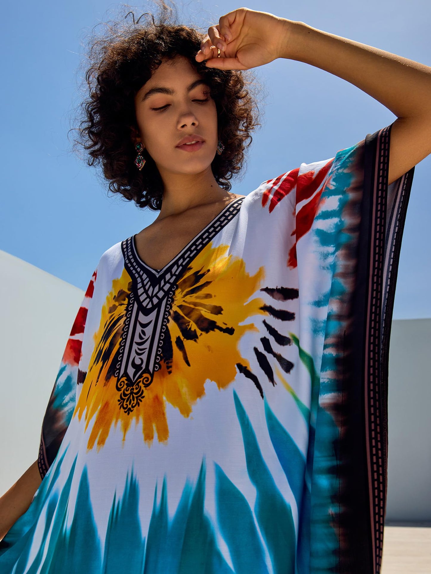 Chunoy Women V Neck Kaftan Casual Bathing Suit Kimono Sleeve Side Split Beach Cover Up Caftan Dress