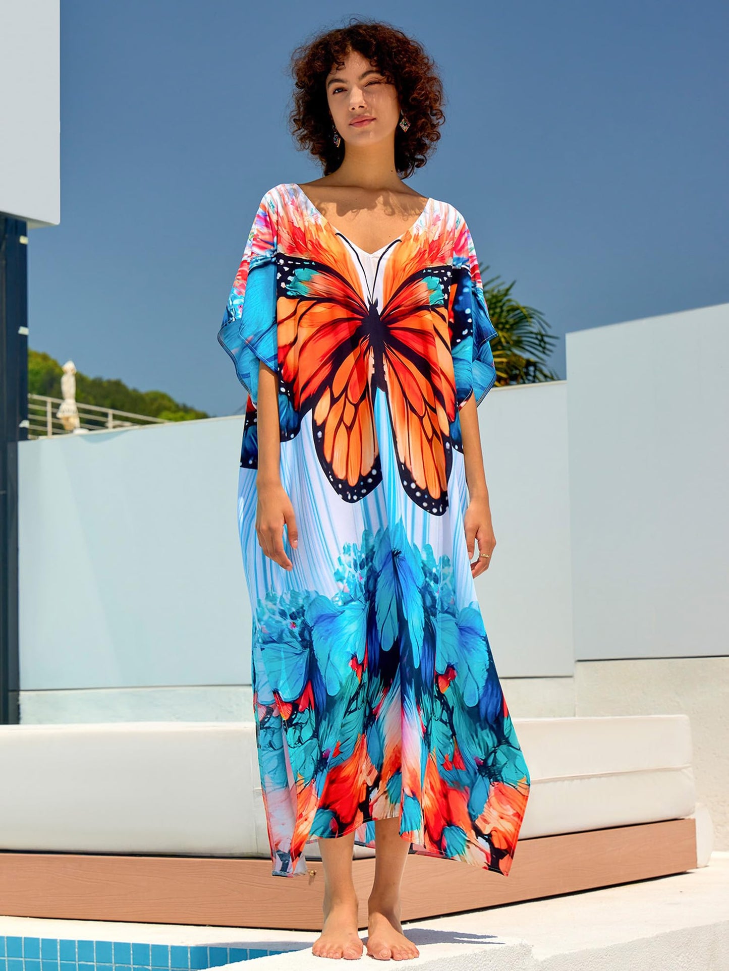 Chunoy Women V Neck Kaftan Casual Bathing Suit Kimono Sleeve Side Split Beach Cover Up Caftan Dress