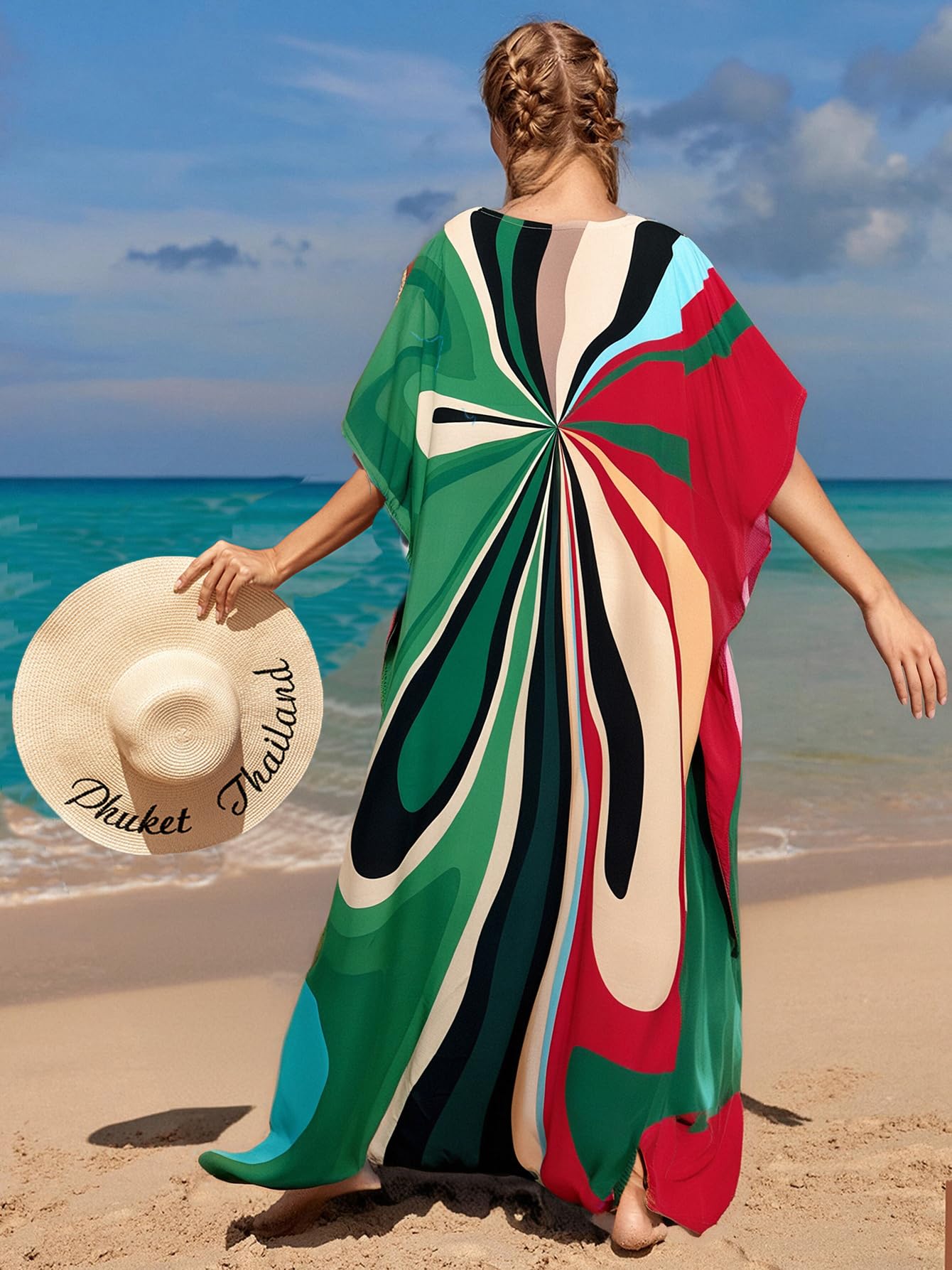 RanRui Floral Print Kaftan Dresses for Women Ethnic Boho Print Swim Cover up Batwing Sleeve Vneck Caftans