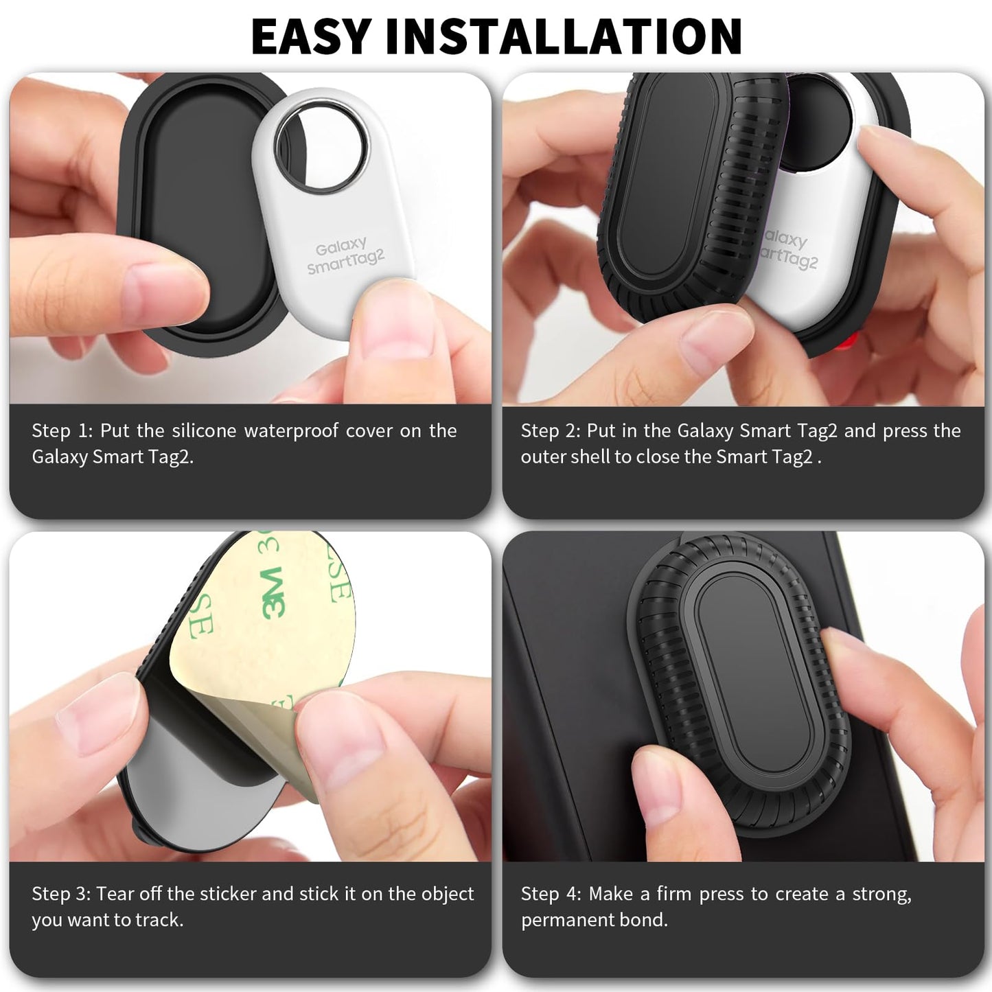 2 Pack Adhesive Case for Samsung Galaxy SmartTag2 with 3M Adhesive Sticker Hidden Full Protective Silicone Case Anti-Lost Scratch Resistant Protective Cover for Smart tag 2 Tracker (Black+Black)