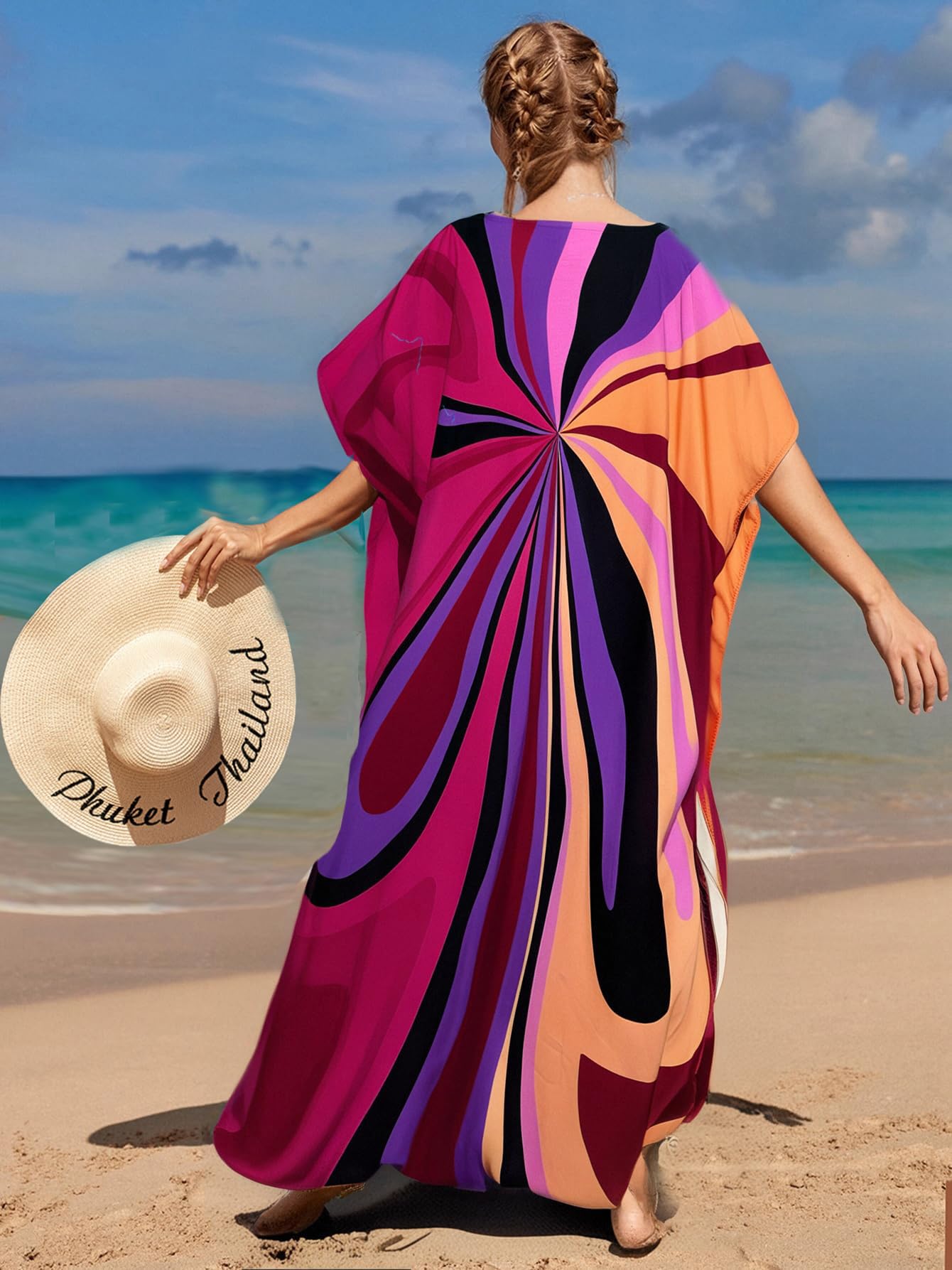 RanRui Floral Print Kaftan Dresses for Women Ethnic Boho Print Swim Cover up Batwing Sleeve Vneck Caftans