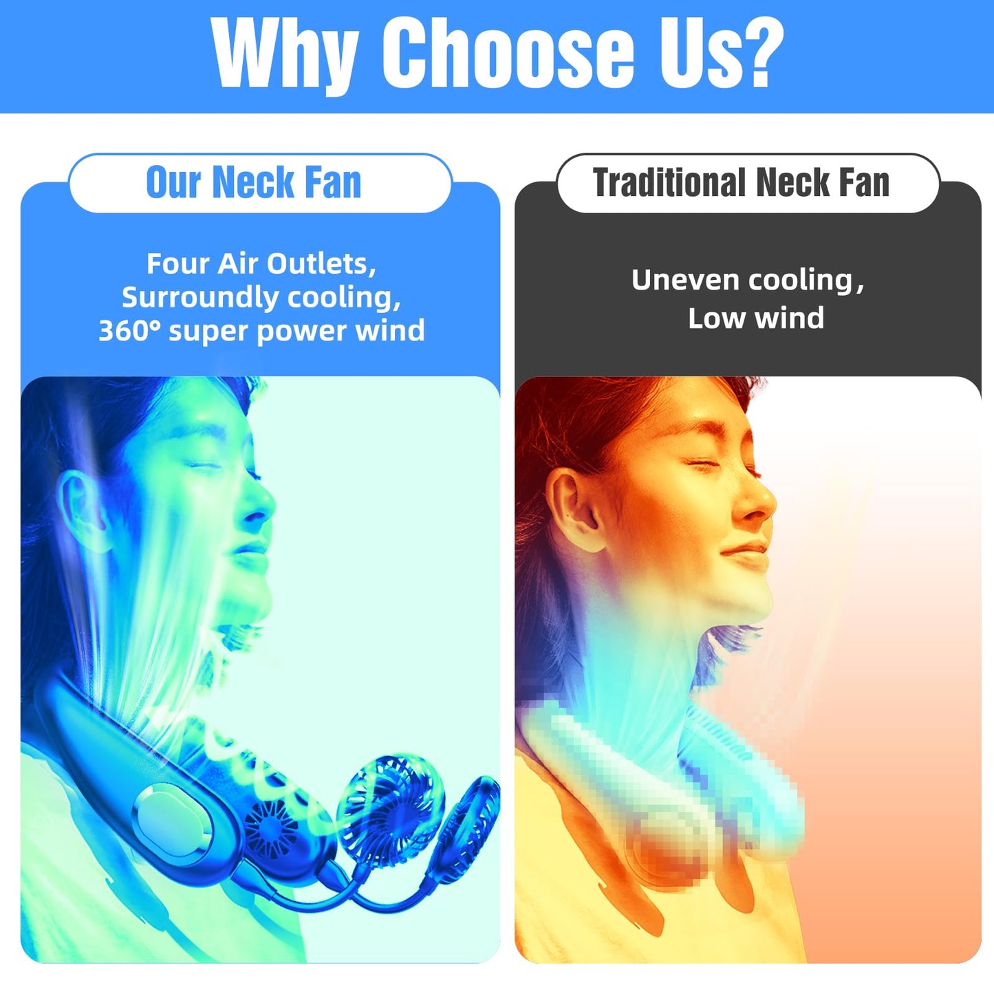 Portable Neck Fan, 9000mAh Hand Free Neck Fan, Neck Fan Air Conditioner, Bladeless Cooling Personal Neck Fan with 4 Air Outlet 3 speed for Travel, Camping, Yard Work, White