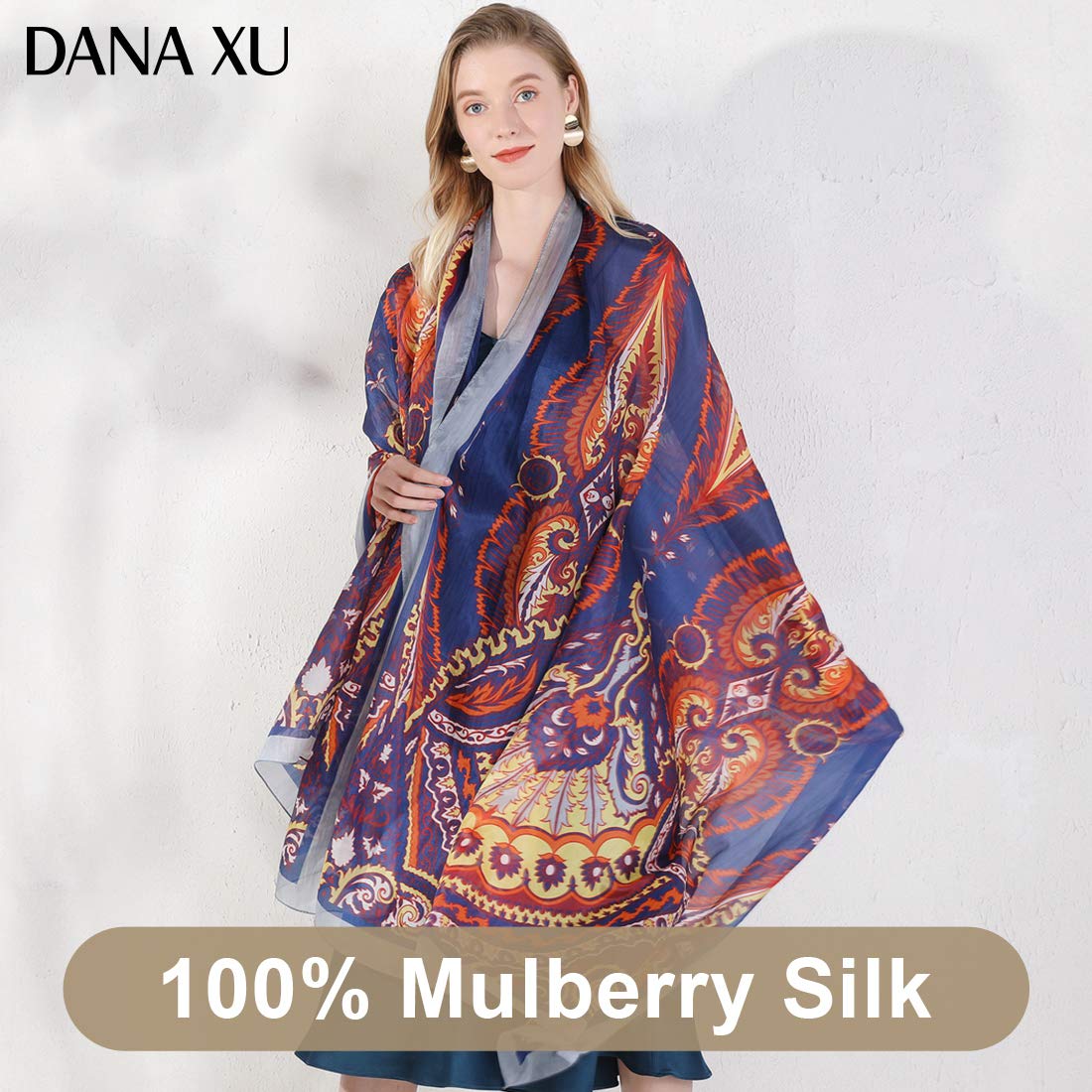 DANA XU 100% Mulberry Satin Silk Summer Travel Scarf Extra Large Women Floral Shawl Oversize Soft Wraps For Evening Dresses