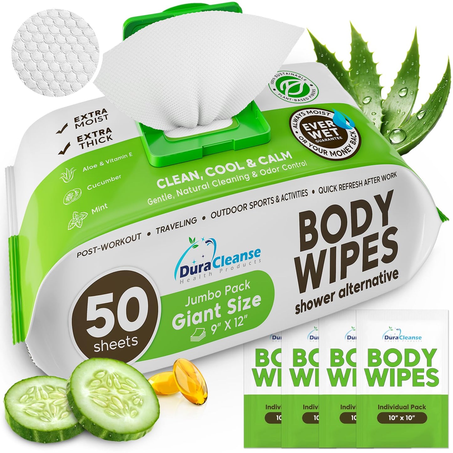 Body Wipes for Adults Bathing No Rinse - 20 Count Travel Shower Wipes - 9" x 12" Individually Wrapped Thick Cleansing Waterless Wash Scrubs - Disposable Washcloths for Camping & Elderly Incontinence