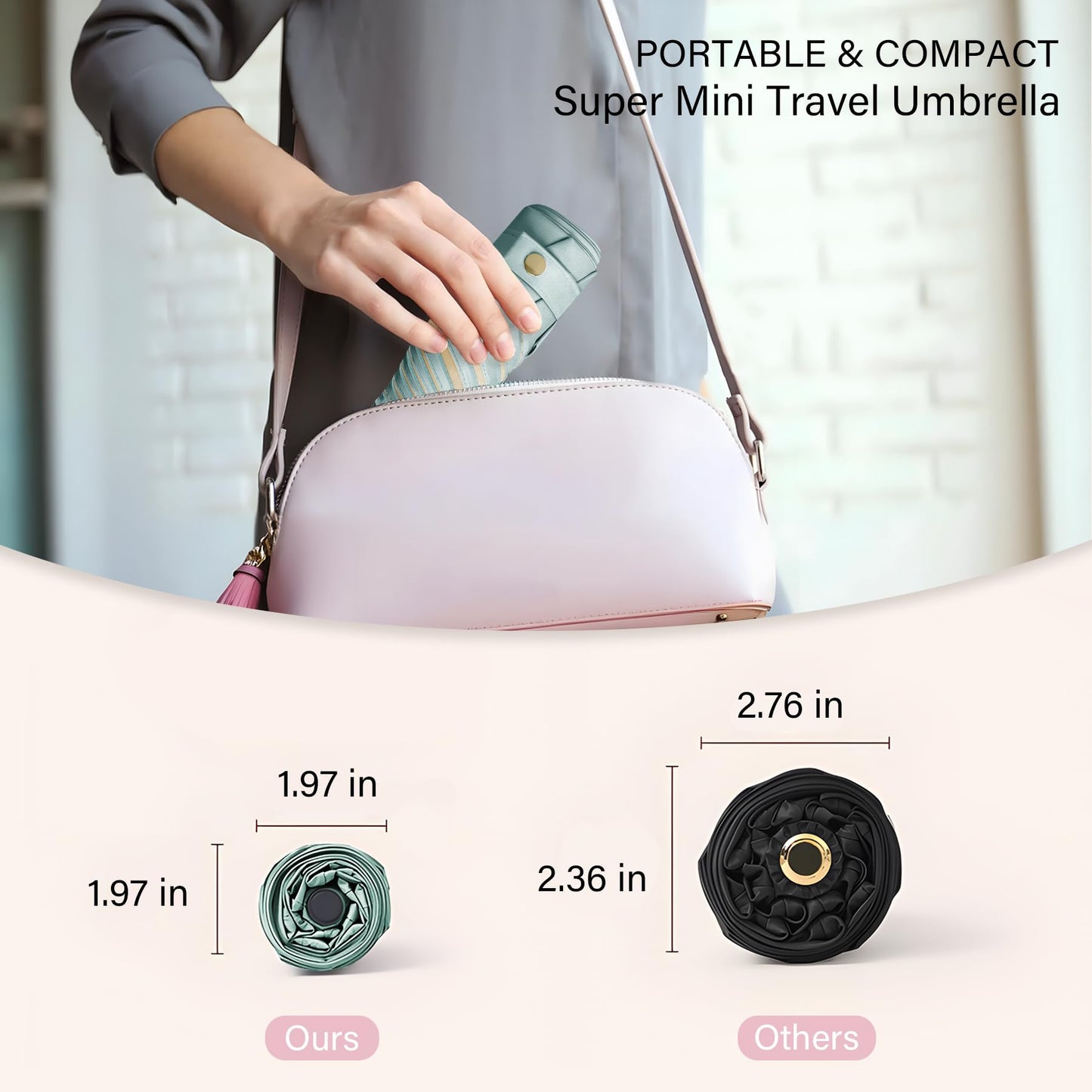 UV Blocker Mini Purse Travel Umbrella, Lightweight Portable Compact Pocket Umbrella with UPF50+ Protection & Windproof Design, Small Sun & Rain