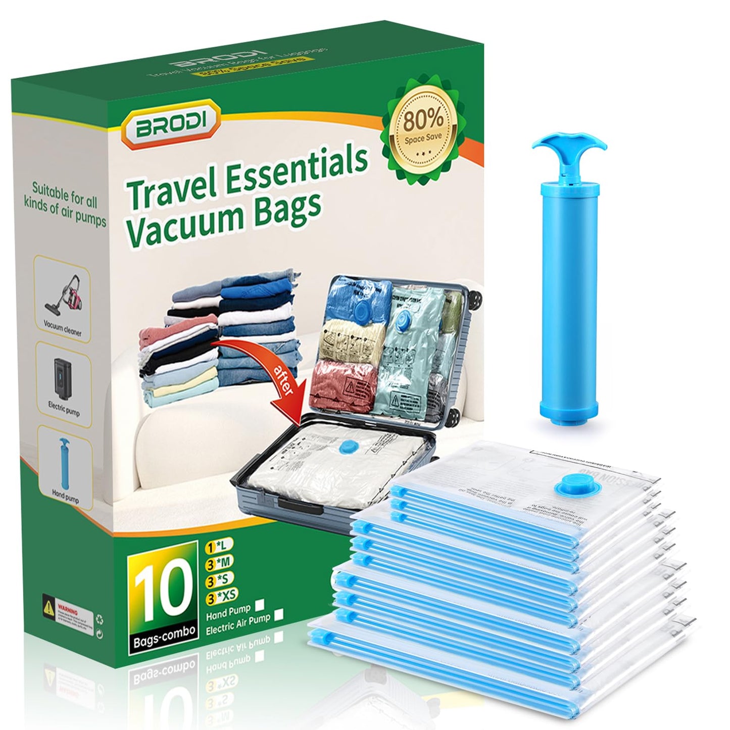 BRODI 10 Combo Pack Travel Vacuum Bags with Pump - Space Saver & Travel Essentials, Clothing & Luggage Vacuum Seal Bags