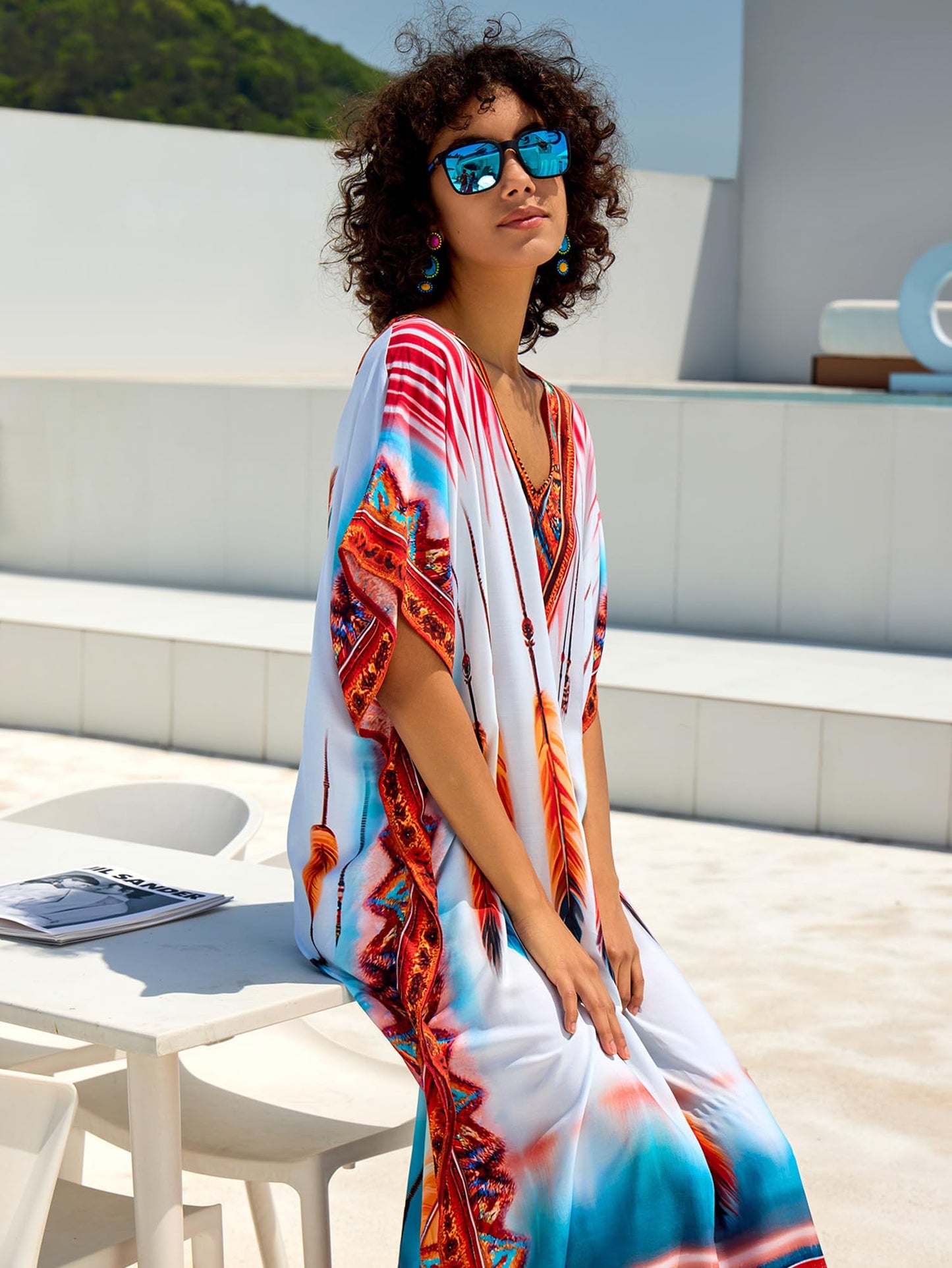 Chunoy Women V Neck Kaftan Casual Bathing Suit Kimono Sleeve Side Split Beach Cover Up Caftan Dress