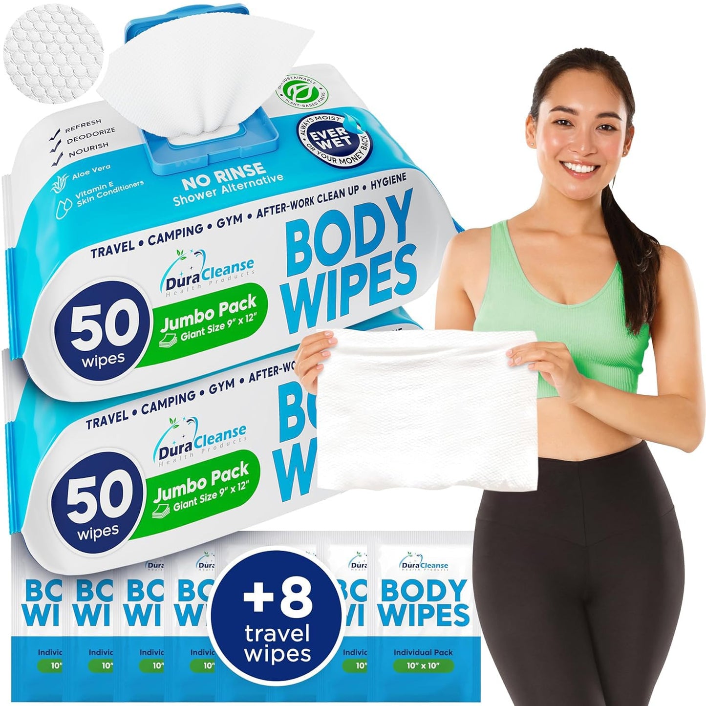 Body Wipes for Adults Bathing No Rinse - 20 Count Travel Shower Wipes - 9" x 12" Individually Wrapped Thick Cleansing Waterless Wash Scrubs - Disposable Washcloths for Camping & Elderly Incontinence