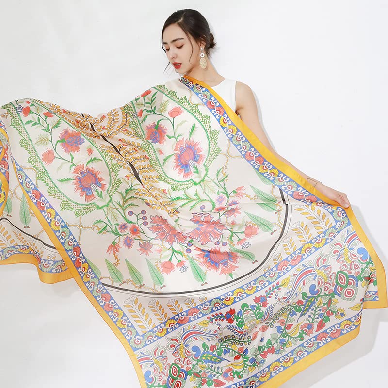 DANA XU 100% Mulberry Satin Silk Summer Travel Scarf Extra Large Women Floral Shawl Oversize Soft Wraps For Evening Dresses