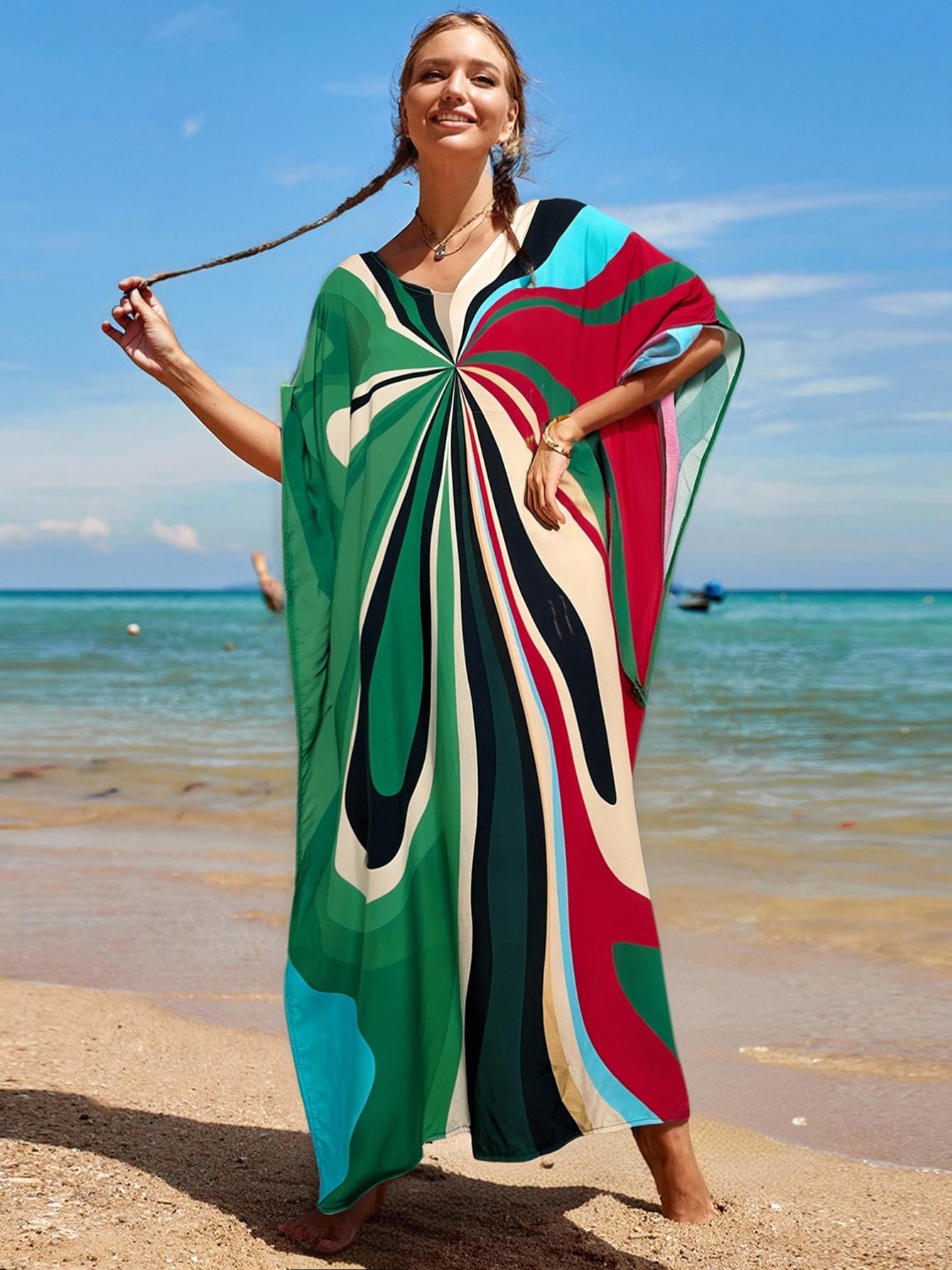 RanRui Floral Print Kaftan Dresses for Women Ethnic Boho Print Swim Cover up Batwing Sleeve Vneck Caftans