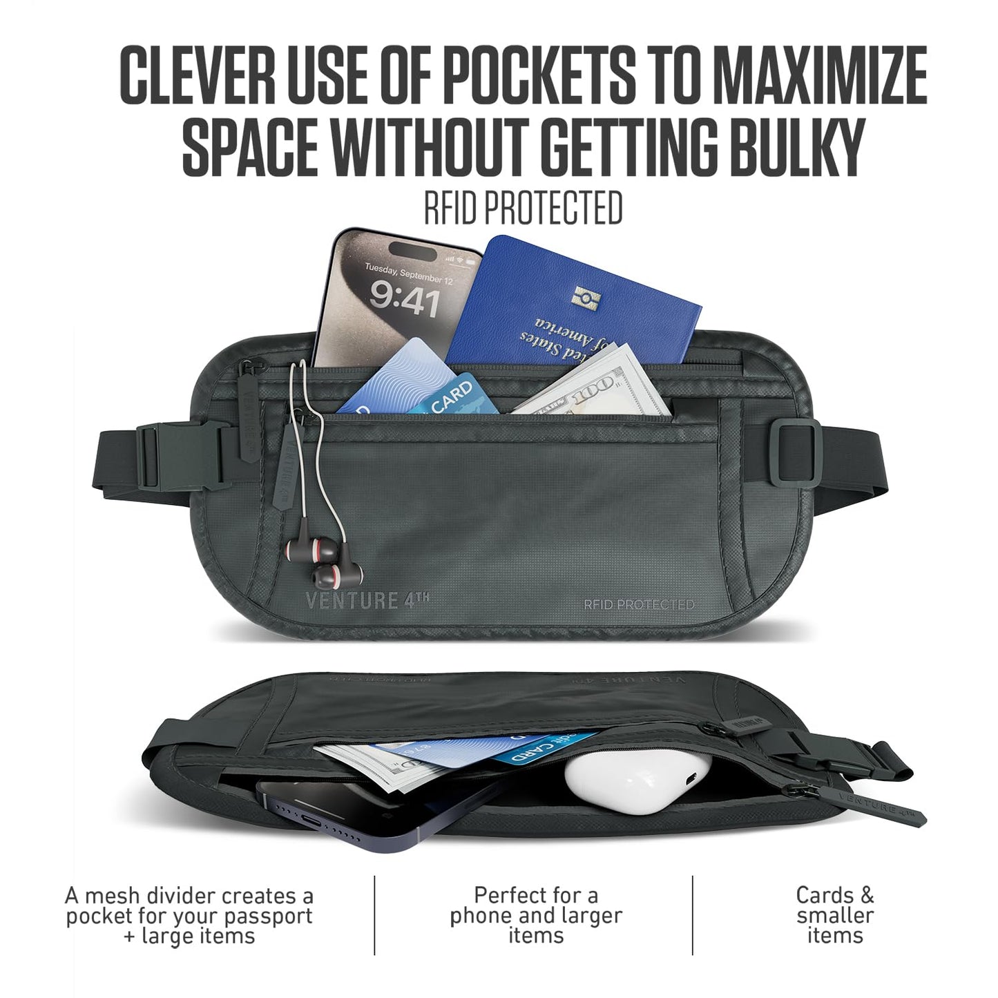 VENTURE 4TH Travel Money Belt - RFID Blocking (Gray)