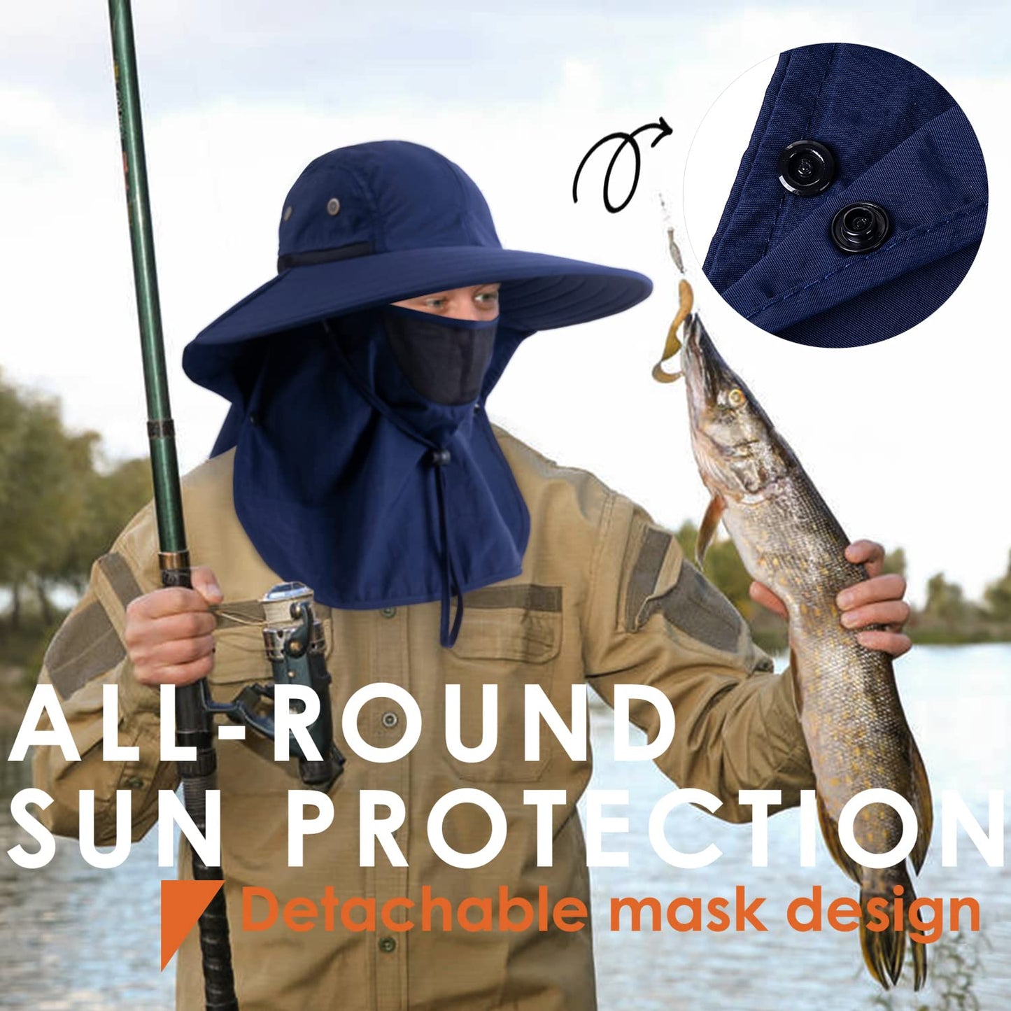 Mens Women Fishing Hat UPF 50+ Wide Brim Sun Hat with Face Cover & Neck Flap