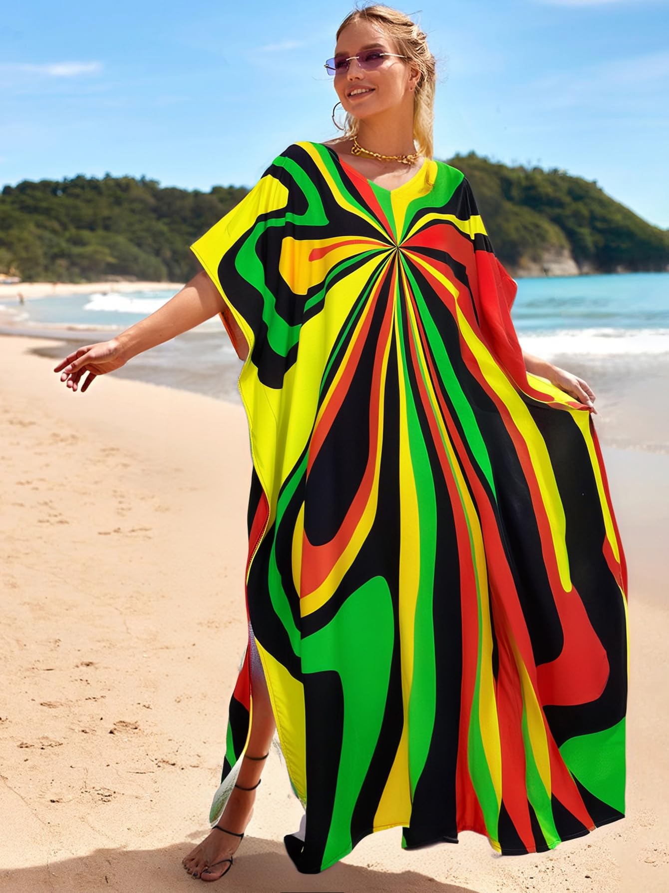 RanRui Floral Print Kaftan Dresses for Women Ethnic Boho Print Swim Cover up Batwing Sleeve Vneck Caftans