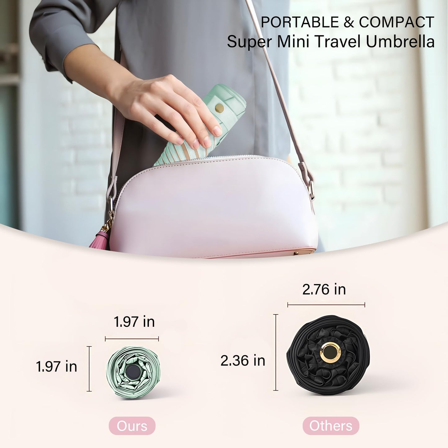 UV Blocker Mini Purse Travel Umbrella, Lightweight Portable Compact Pocket Umbrella with UPF50+ Protection & Windproof Design, Small Sun & Rain