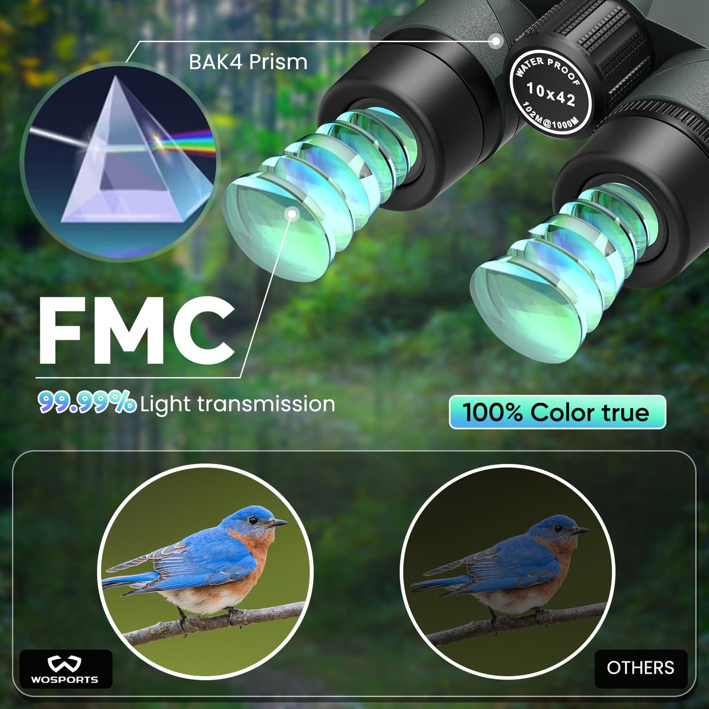 WOSPORTS 10x42 Binoculars for Adults, IPX7 Waterproof Binoculars with Clear Low Light Vision, Compact Binoculars for Bird Watching Hunting Cruise Travel, Green, BC01-GRE
