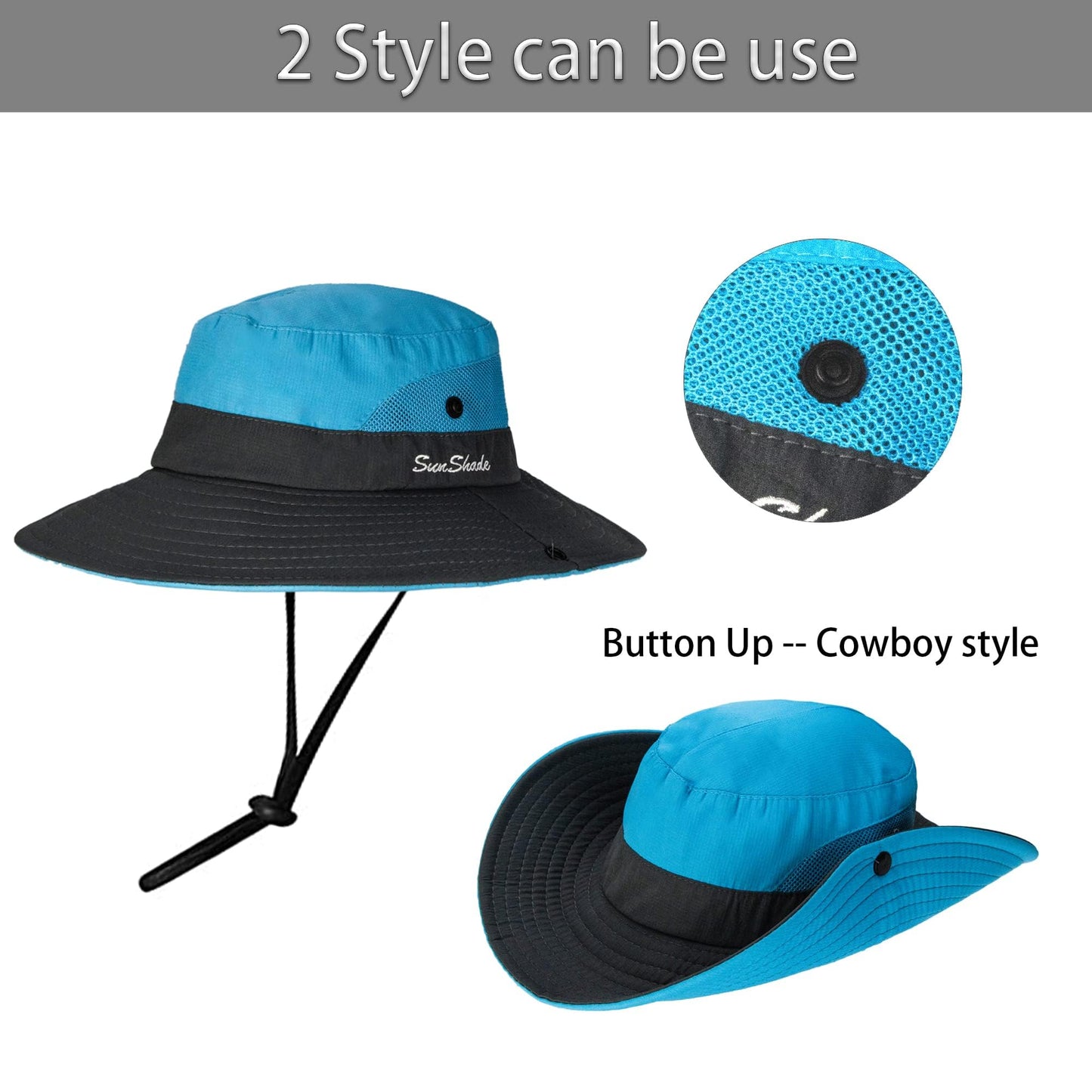 Women's Outdoor UV-Protection-Foldable Sun-Hats Mesh Wide-Brim Beach Fishing Hat with Ponytail-Hole