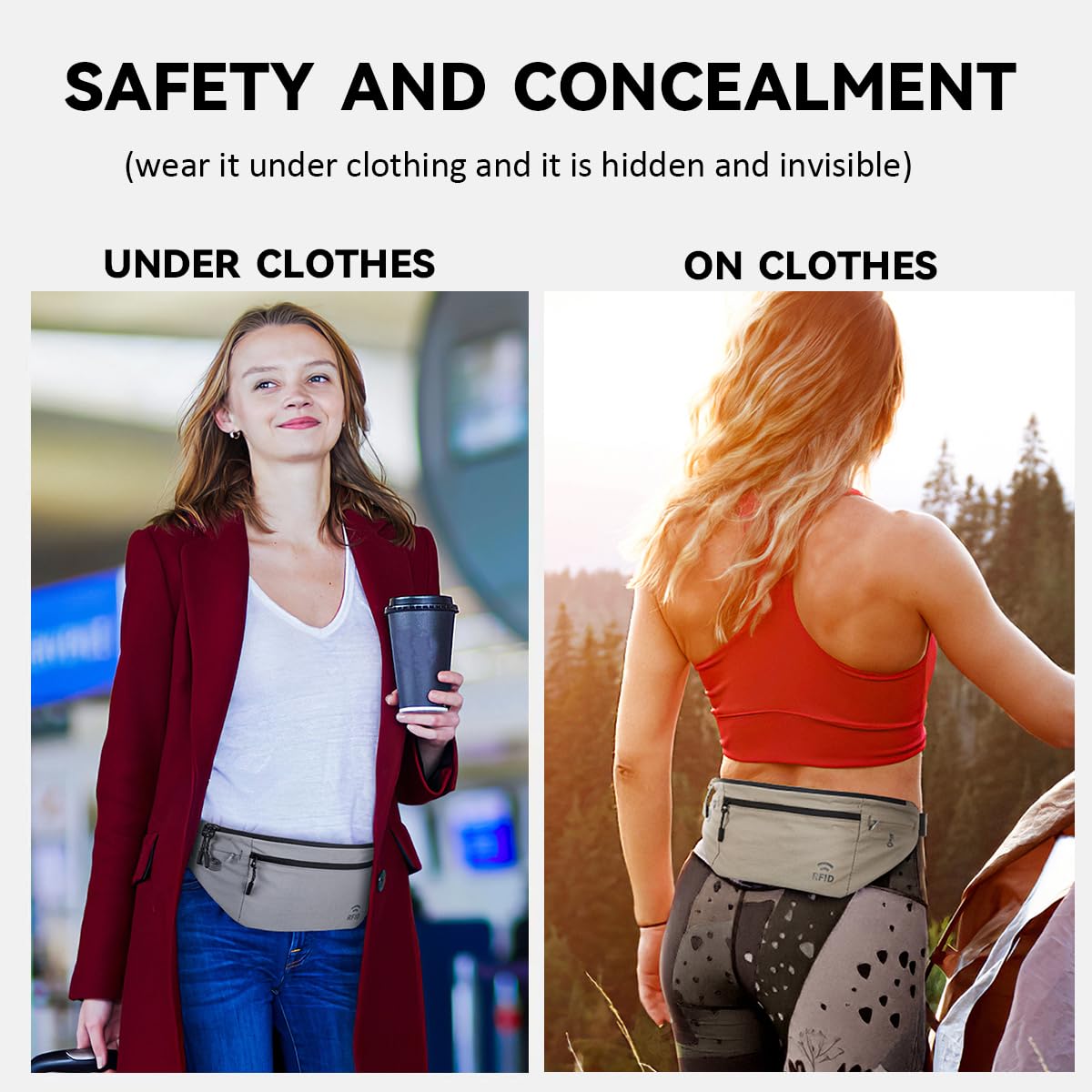 Travel Money Belt for Men and Women hidden slim passport holder - travel wallet with RFID blocking under clothes to protect Cash, Credit Cards and Documents (BLACK)