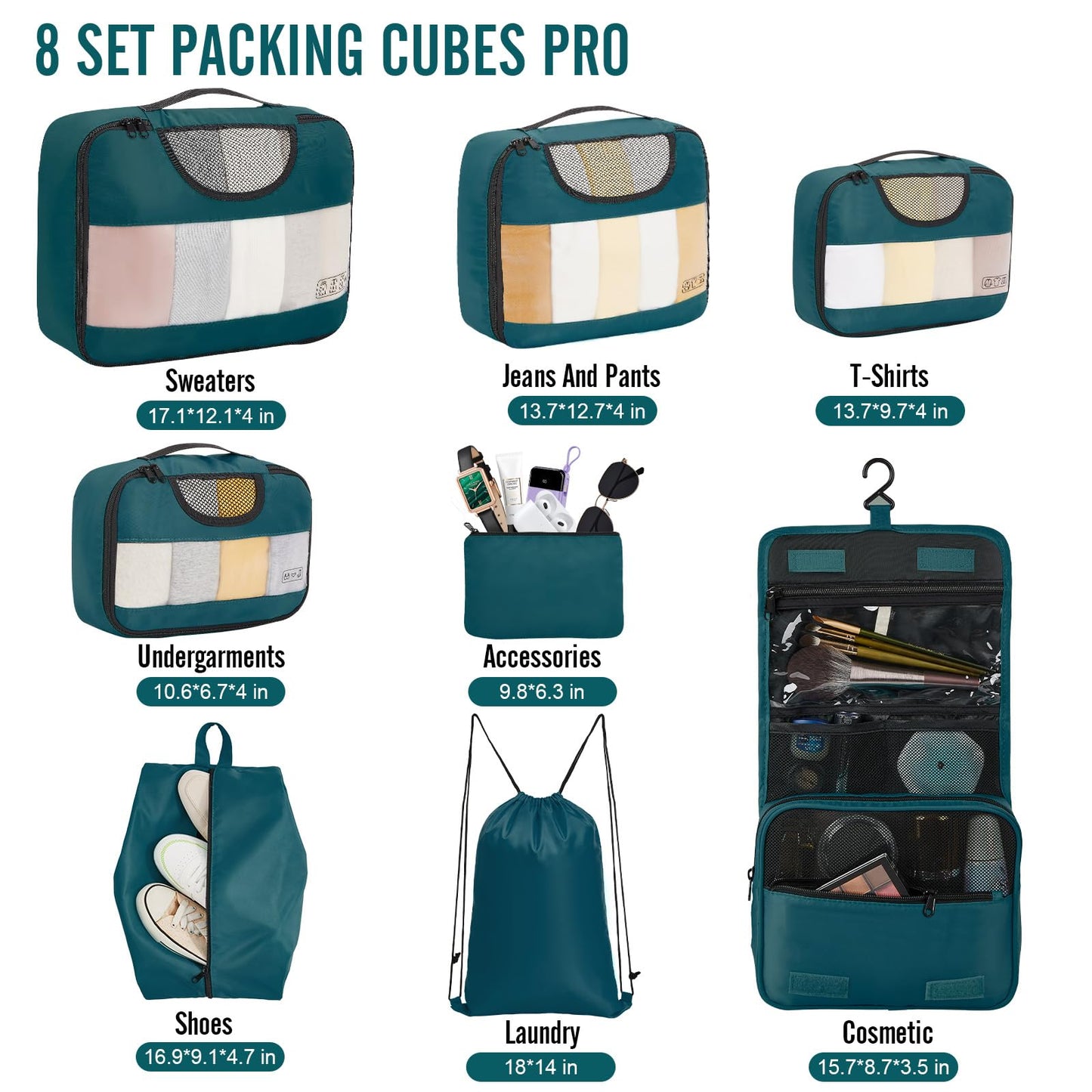 Veken 8 Set Packing Cubes for Travel Essentials, Suitcase Organizer Bags Set for Luggage, Road Trip Travel Accessories in 4 Sizes (Extra Large, Large, Medium, Small)