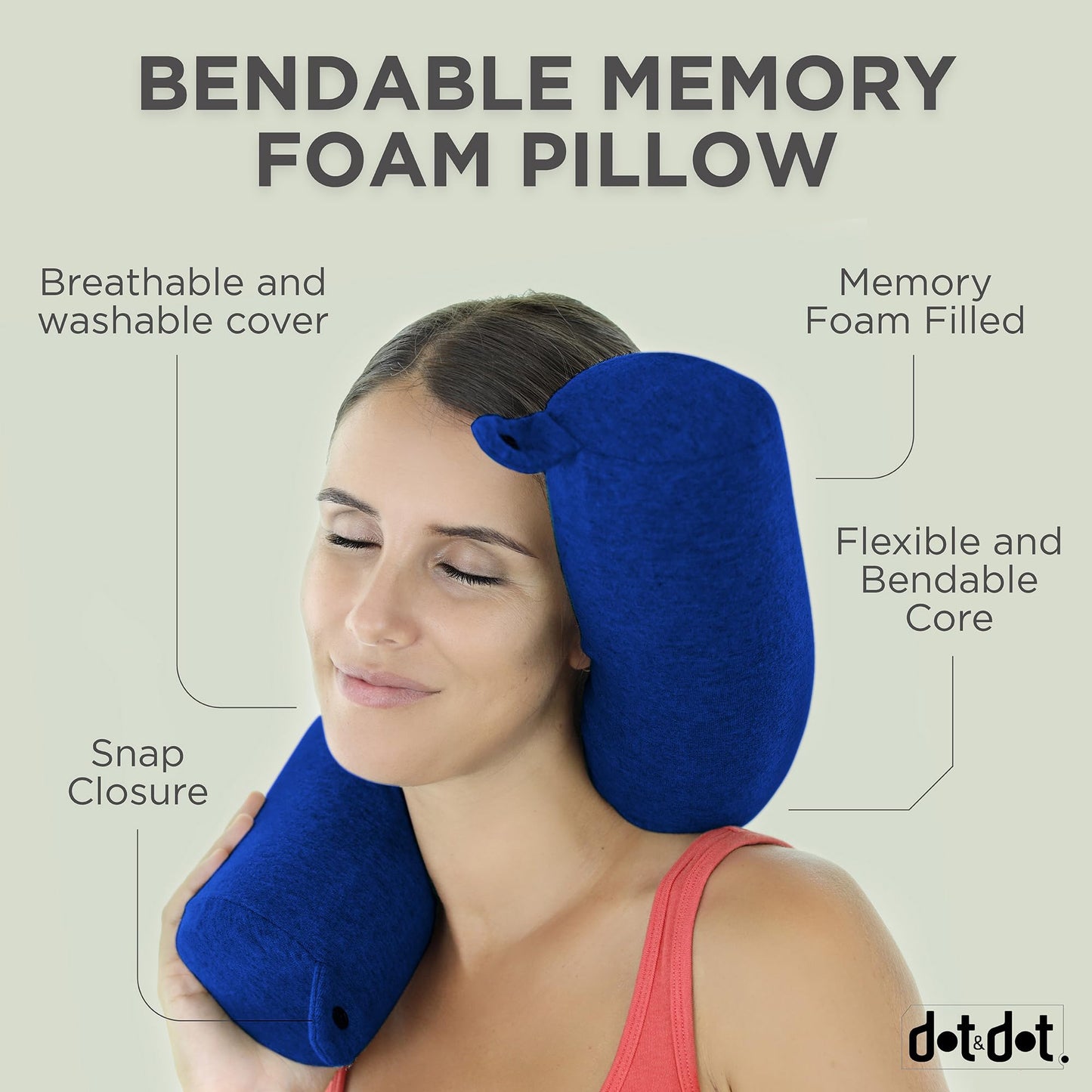 Dot&Dot Twist Memory Foam Travel Pillow for Airplanes - Travel Neck Pillow for Sleeping - Airplane Pillow for Neck Support, Chin, Lumbar and Leg - Adjustable, Bendable Neck Roll Pillow