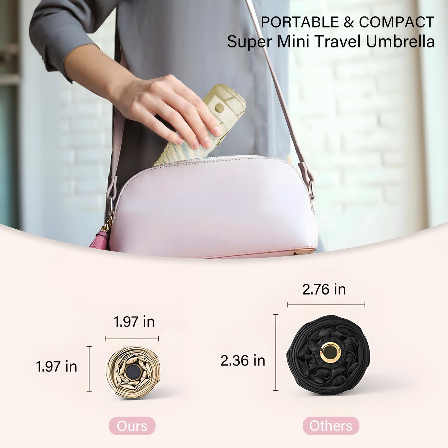 UV Blocker Mini Purse Travel Umbrella, Lightweight Portable Compact Pocket Umbrella with UPF50+ Protection & Windproof Design, Small Sun & Rain