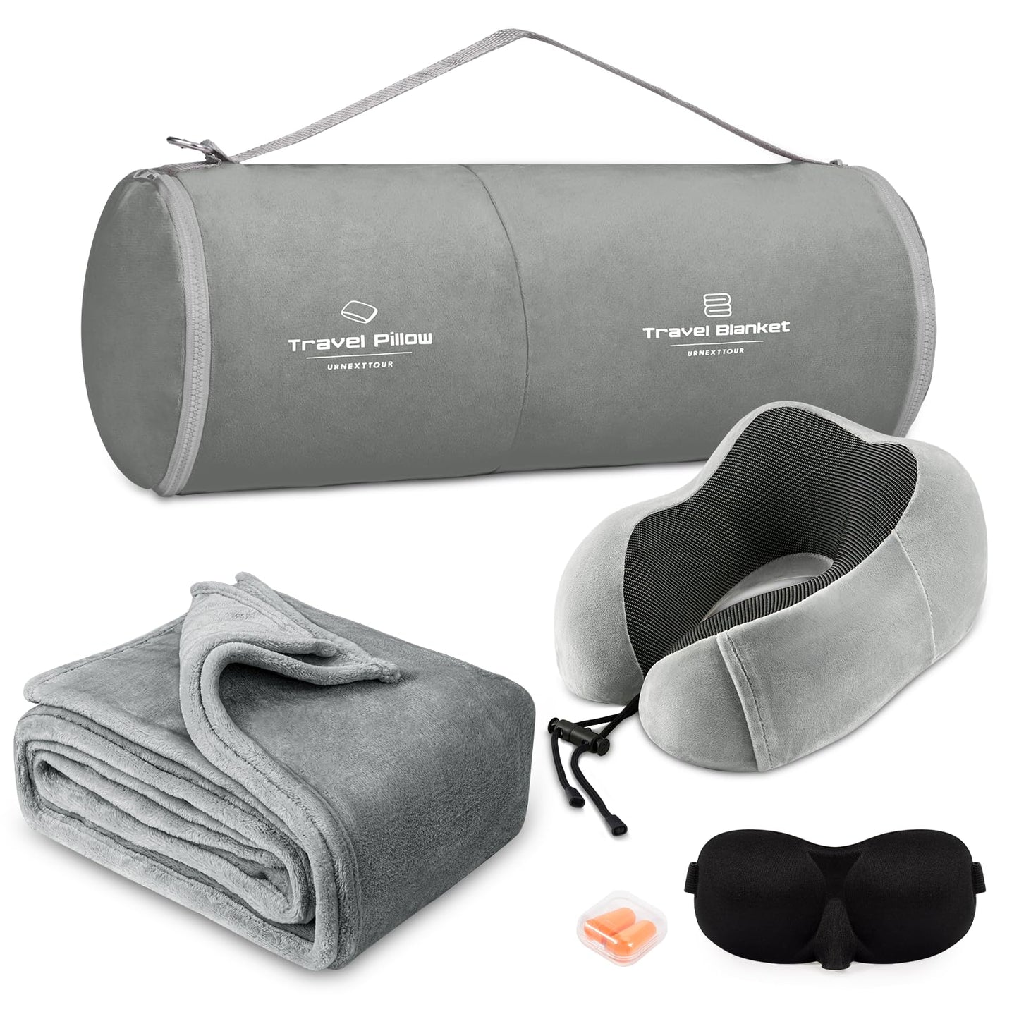 Travel Pillow and Blanket Set Neck Pillows Travel Essentials with Sleep Mask for Airplane Car Memory Foam Pink