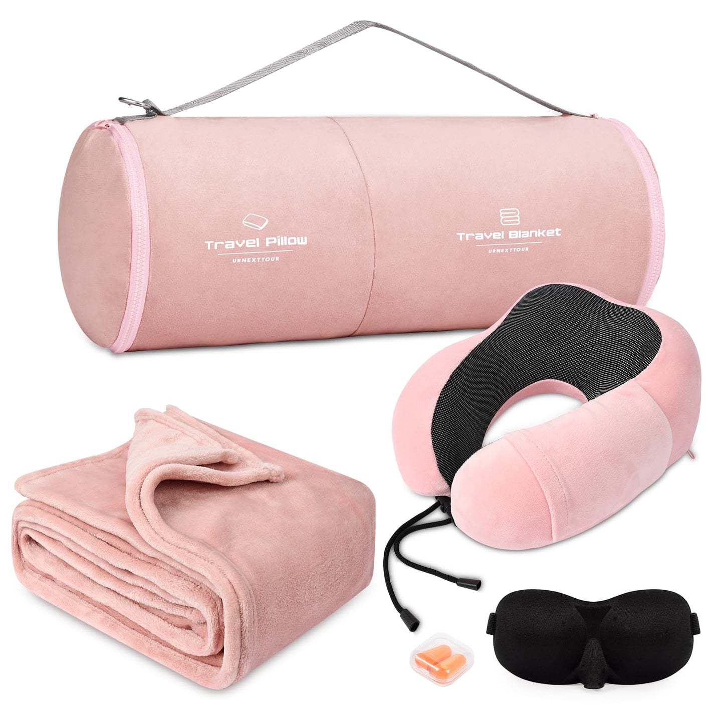 Travel Pillow and Blanket Set Neck Pillows Travel Essentials with Sleep Mask for Airplane Car Memory Foam Pink
