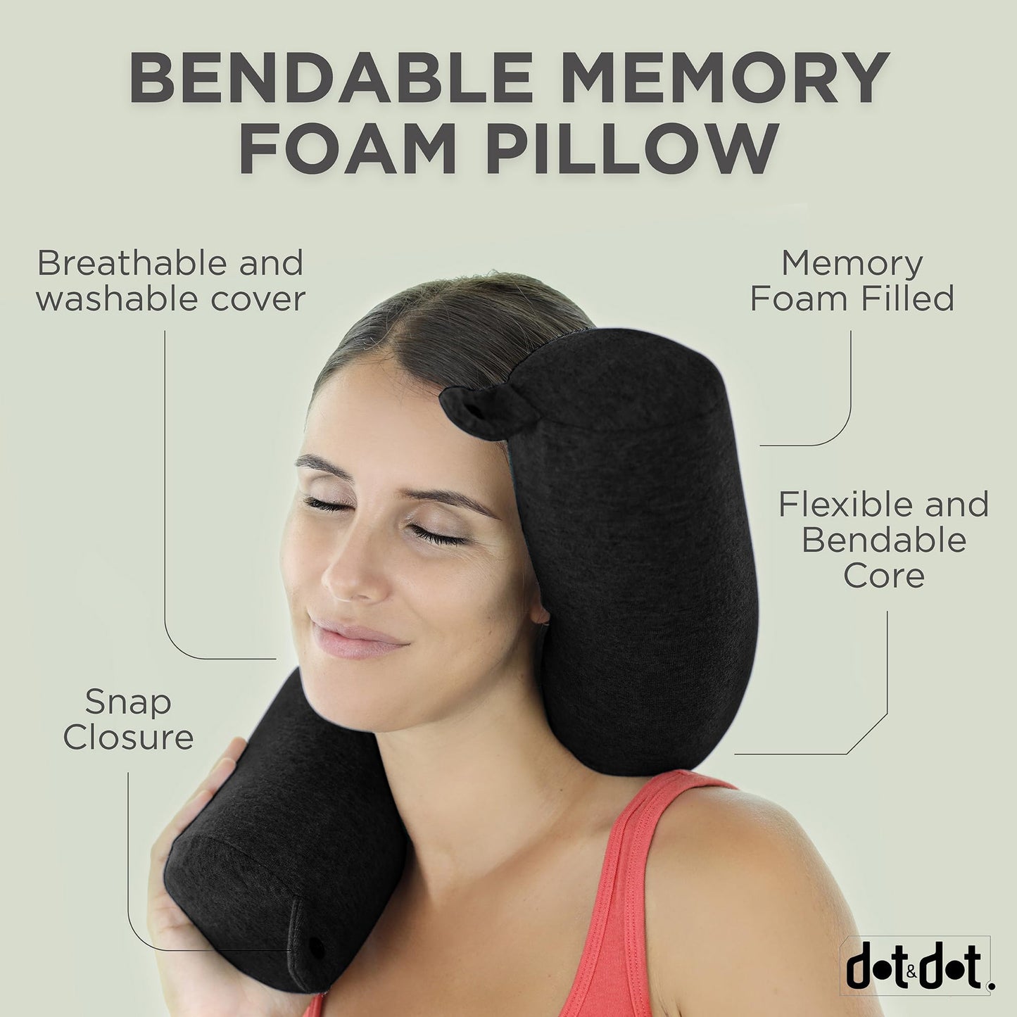 Dot&Dot Twist Memory Foam Travel Pillow for Airplanes - Travel Neck Pillow for Sleeping - Airplane Pillow for Neck Support, Chin, Lumbar and Leg - Adjustable, Bendable Neck Roll Pillow