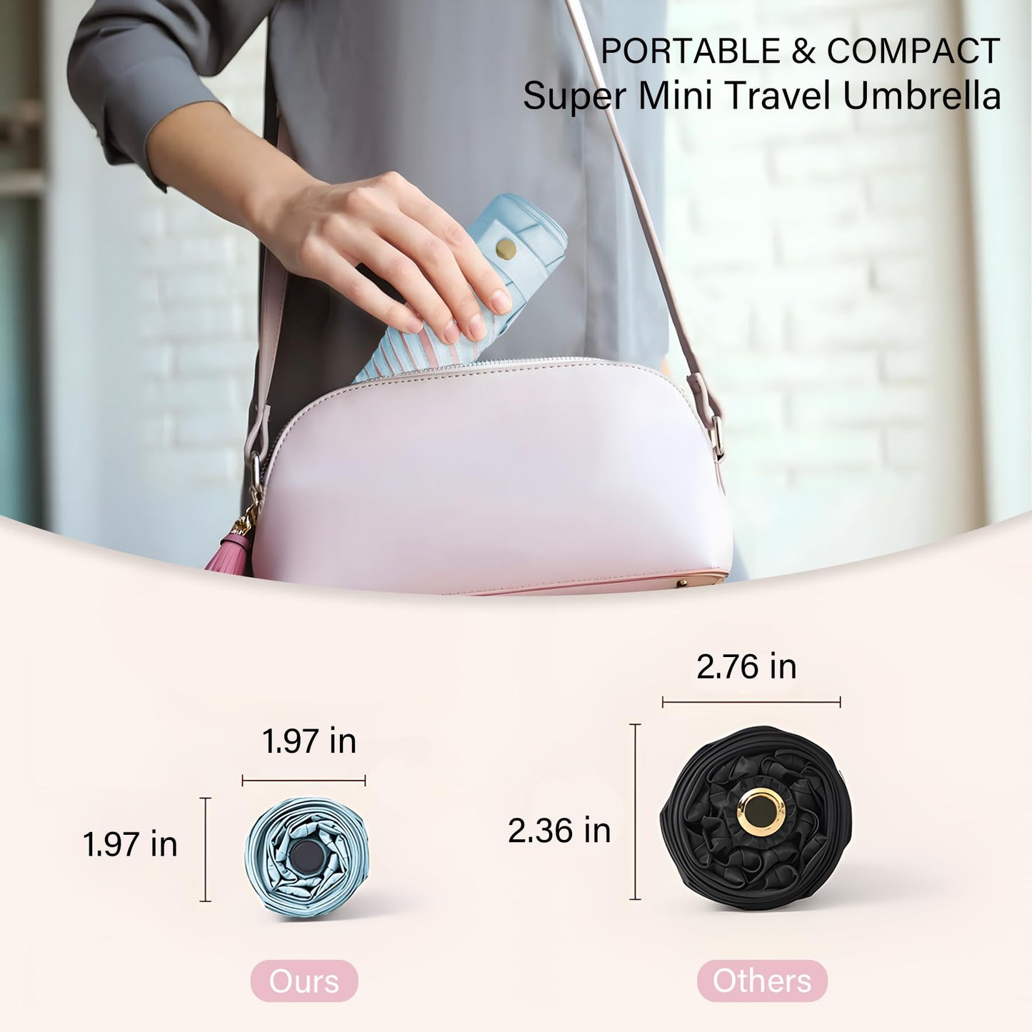 UV Blocker Mini Purse Travel Umbrella, Lightweight Portable Compact Pocket Umbrella with UPF50+ Protection & Windproof Design, Small Sun & Rain
